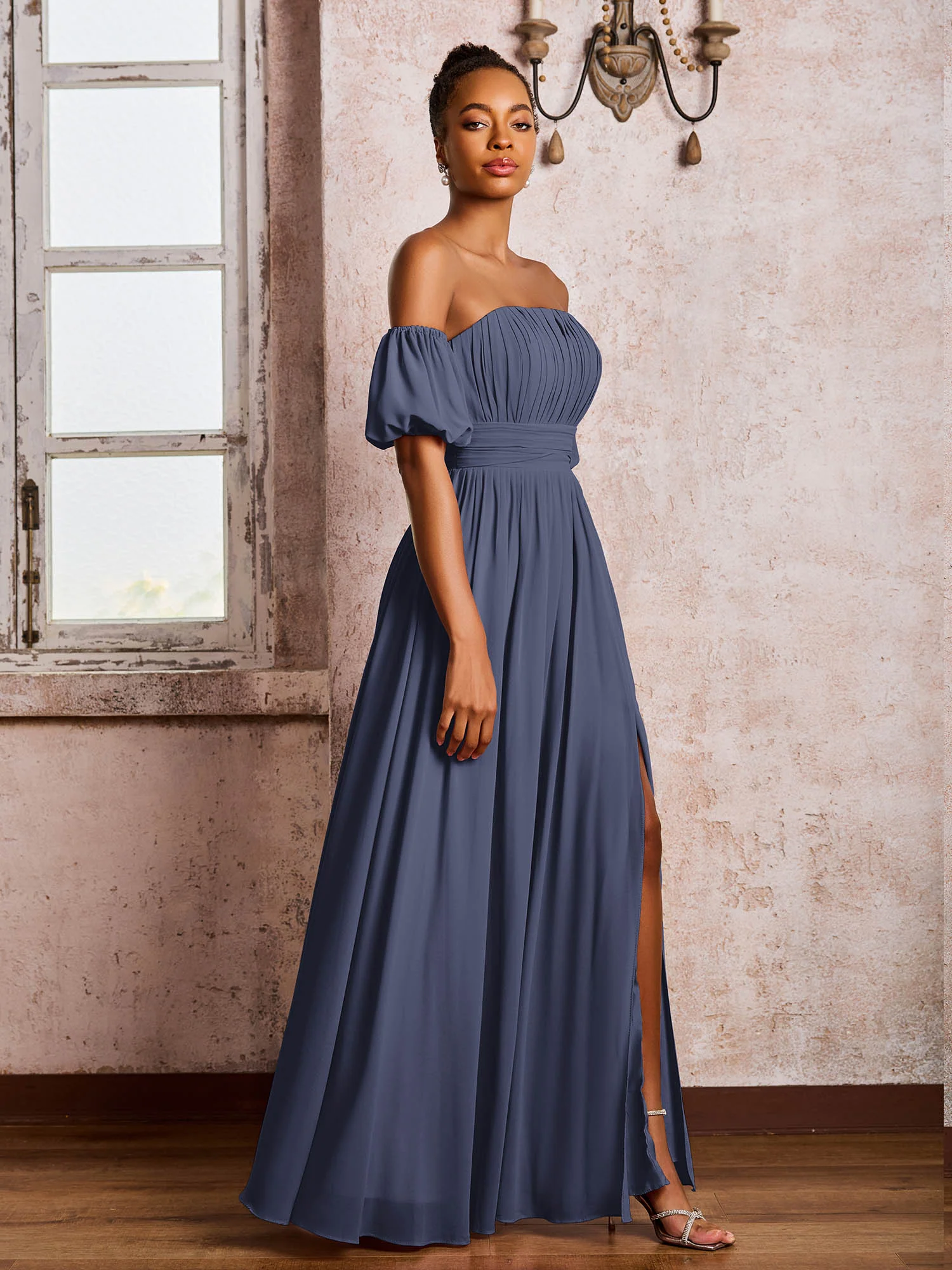 Flutter Sleeves Square Chiffon Dresses With Slit Stormy - Image 3