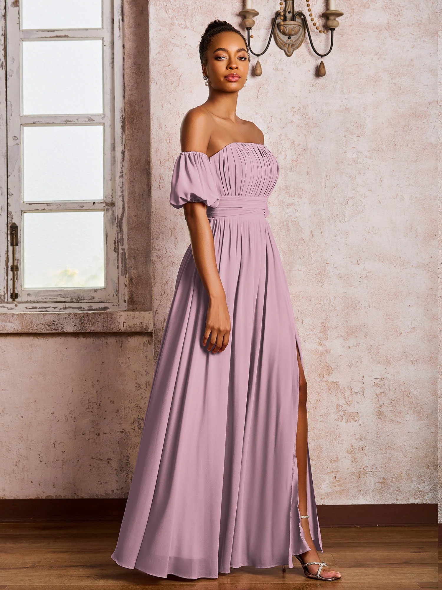 Flutter Sleeves Square Chiffon Dresses With Slit Vintage Mauve - Image 3