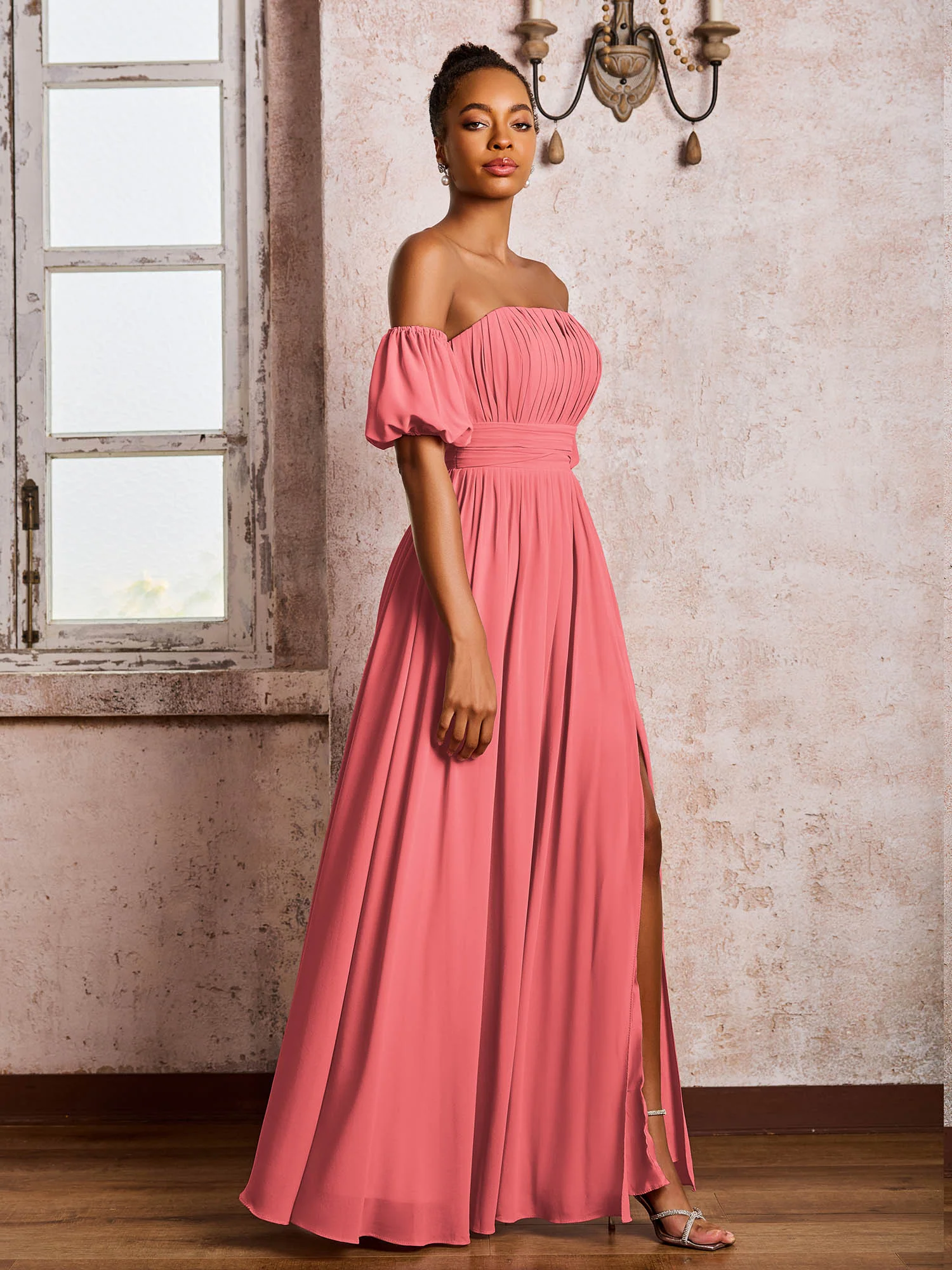 Flutter Sleeves Square Chiffon Dresses With Slit Watermelon - Image 3