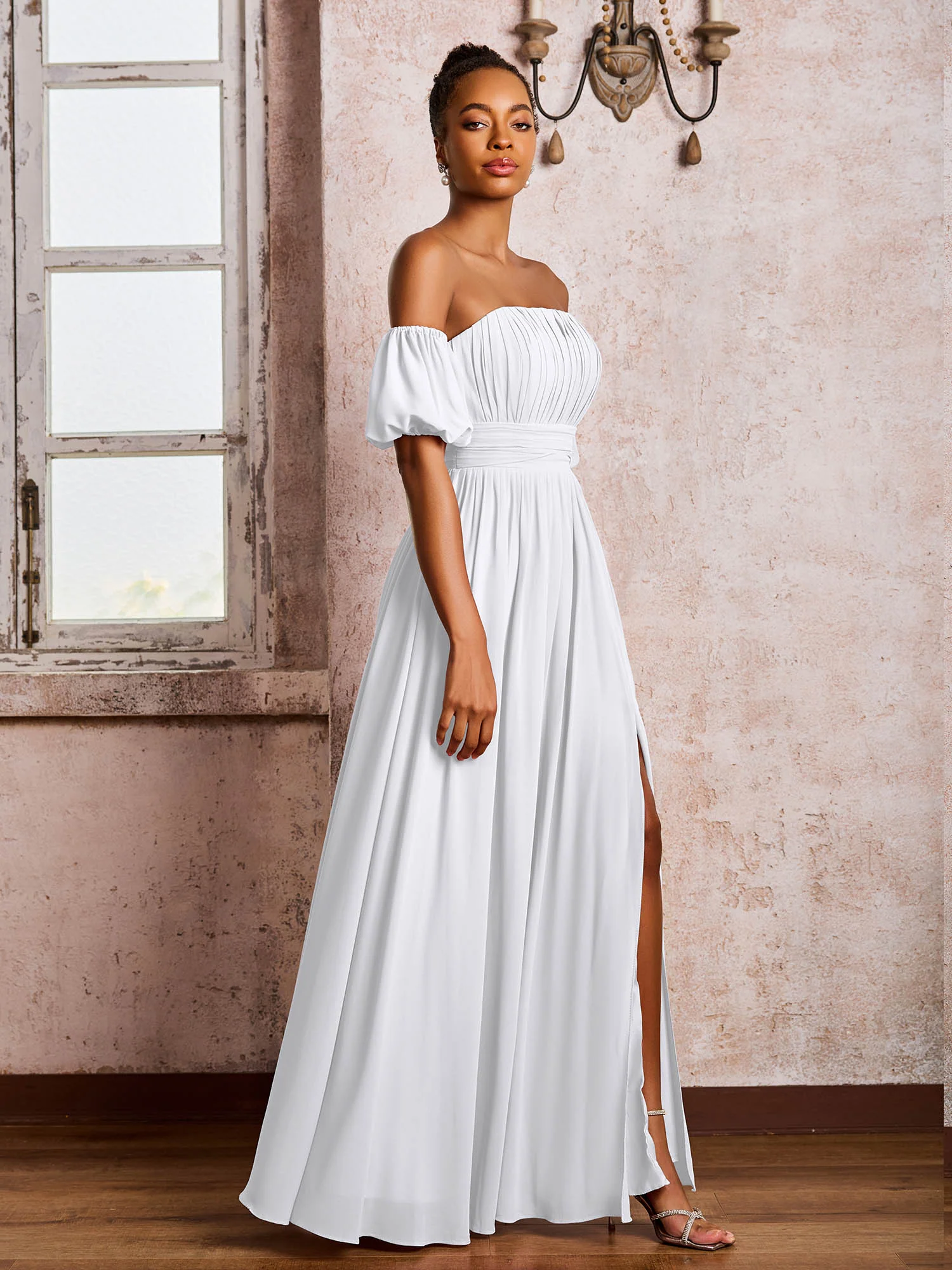 Flutter Sleeves Square Chiffon Dresses With Slit White - Image 3