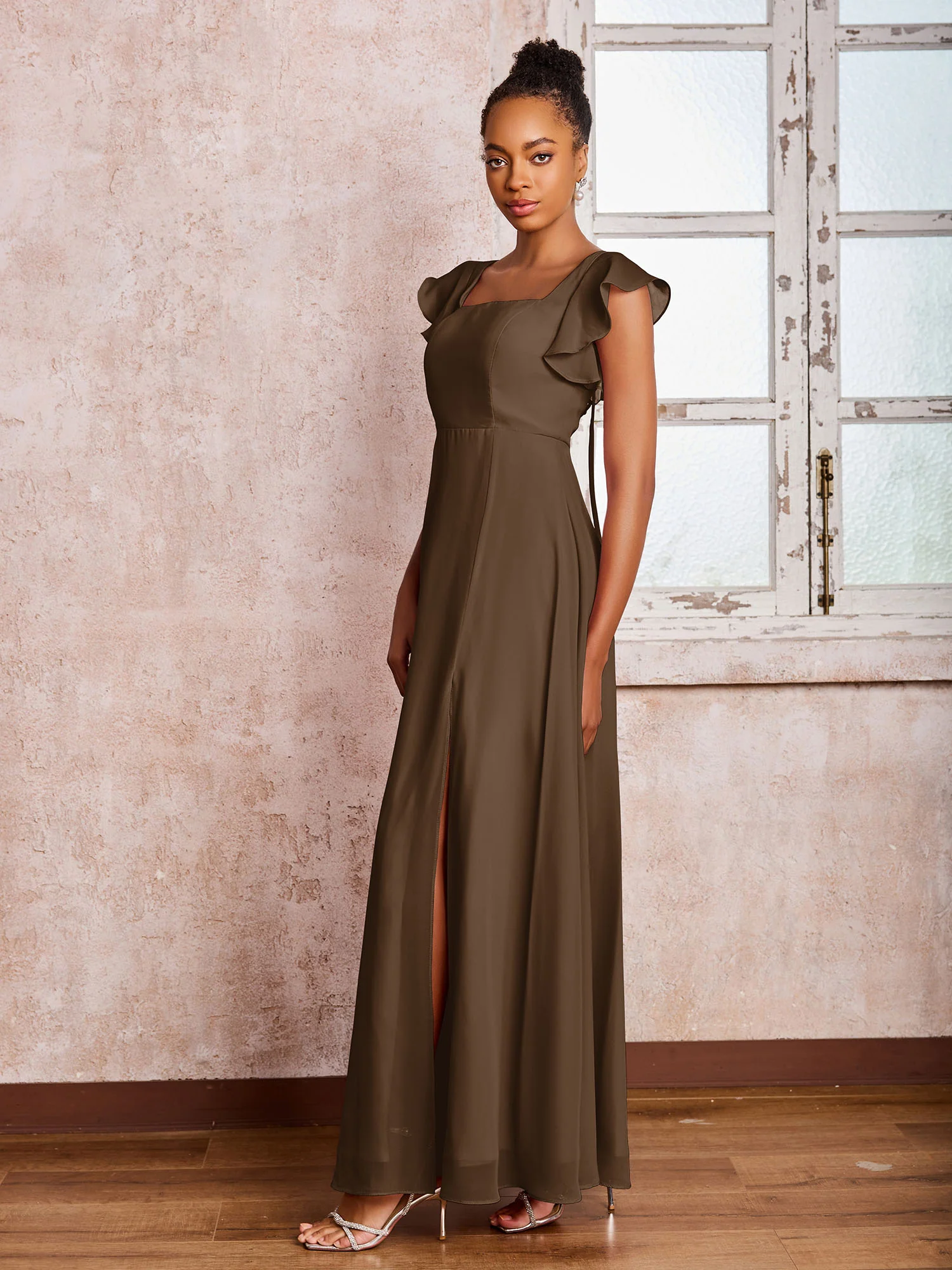 Flutter Sleeves Square Neck Backless Chiffon Dresses with Slit Brown - Image 3