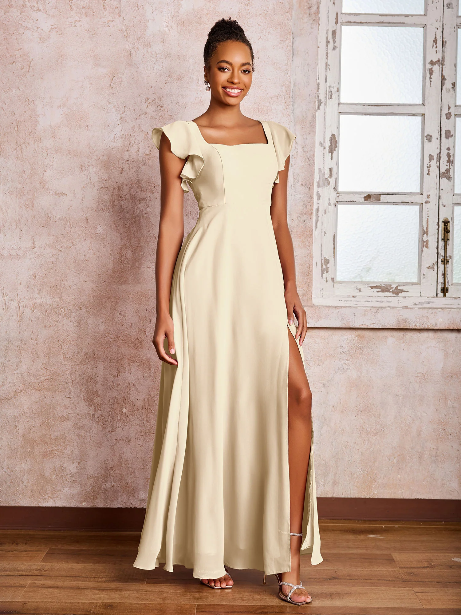 Flutter Sleeves Square Neck Backless Chiffon Dresses with Slit Champagne