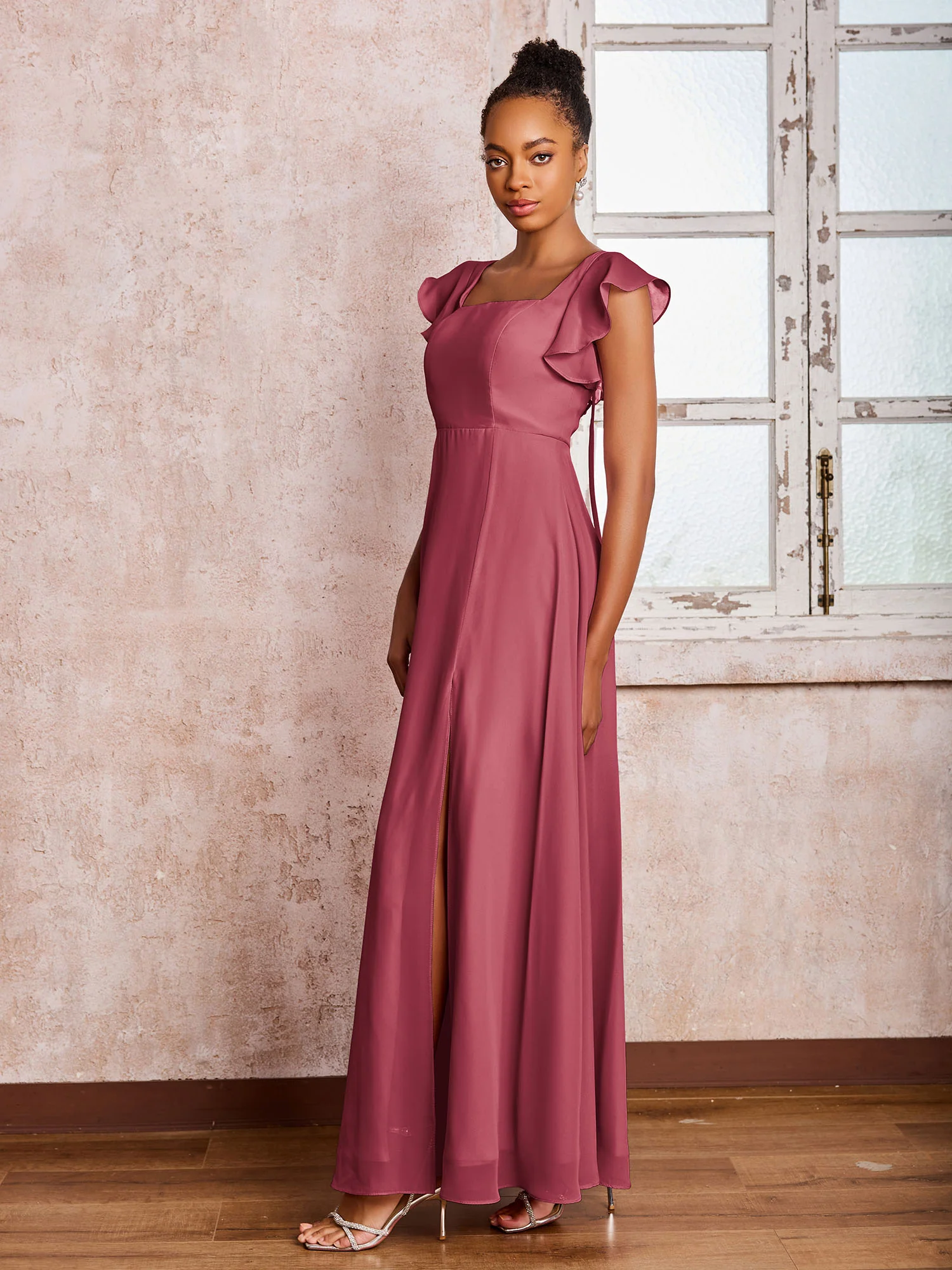Flutter Sleeves Square Neck Backless Chiffon Dresses with Slit Cinnamon Rose - Image 3