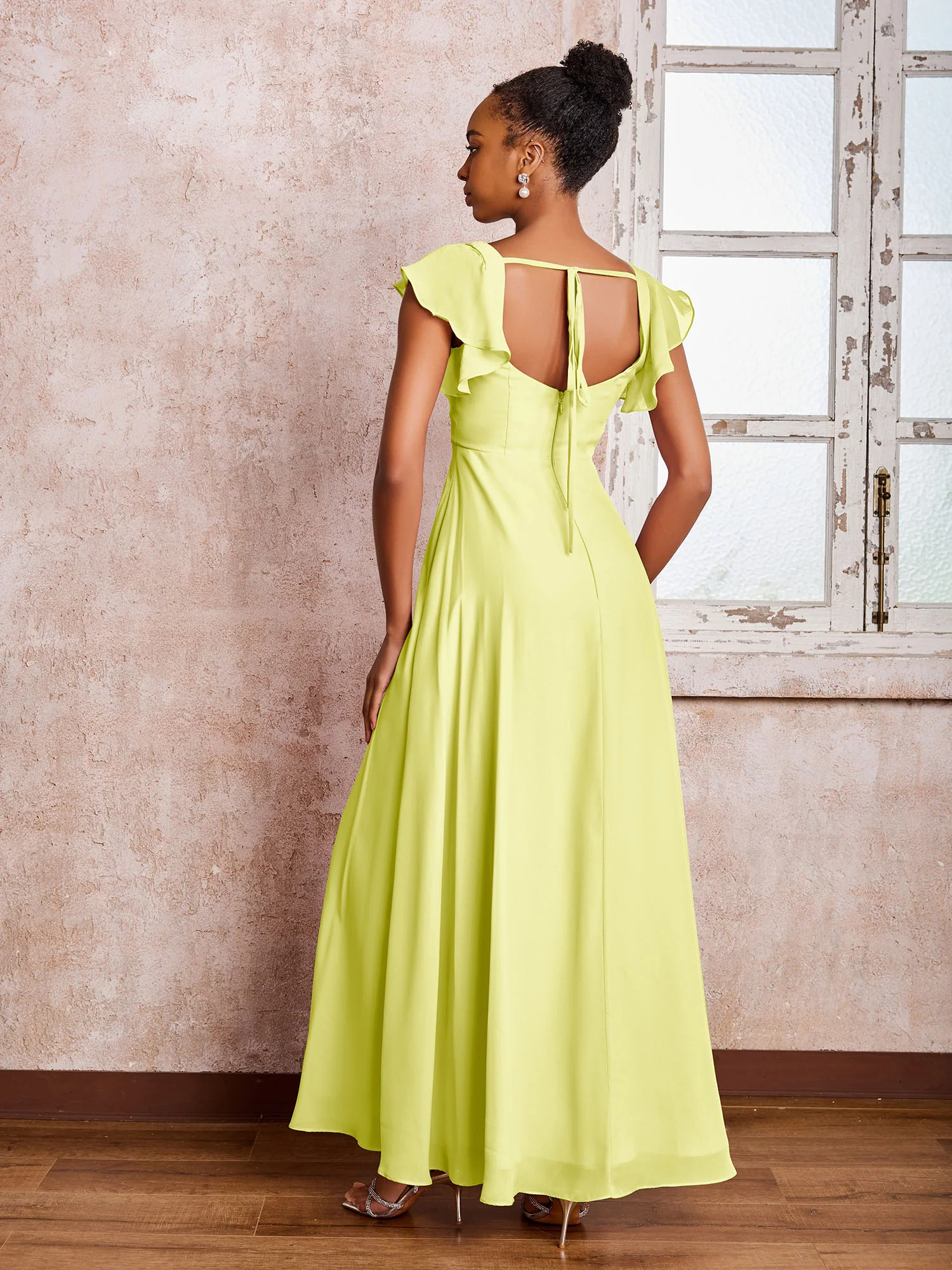 Flutter Sleeves Square Neck Backless Chiffon Dresses with Slit Daffodil - Image 2