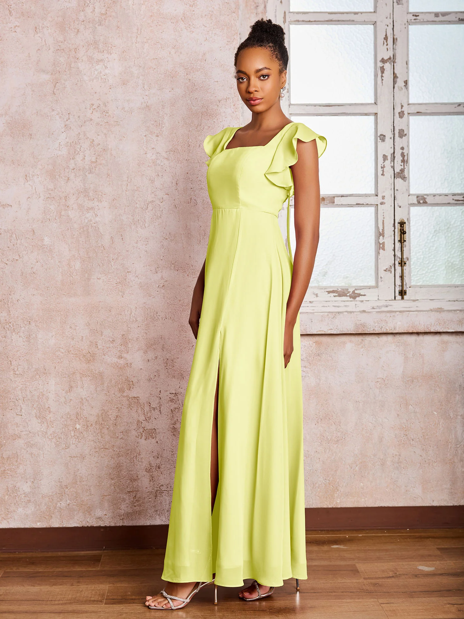 Flutter Sleeves Square Neck Backless Chiffon Dresses with Slit Daffodil - Image 3