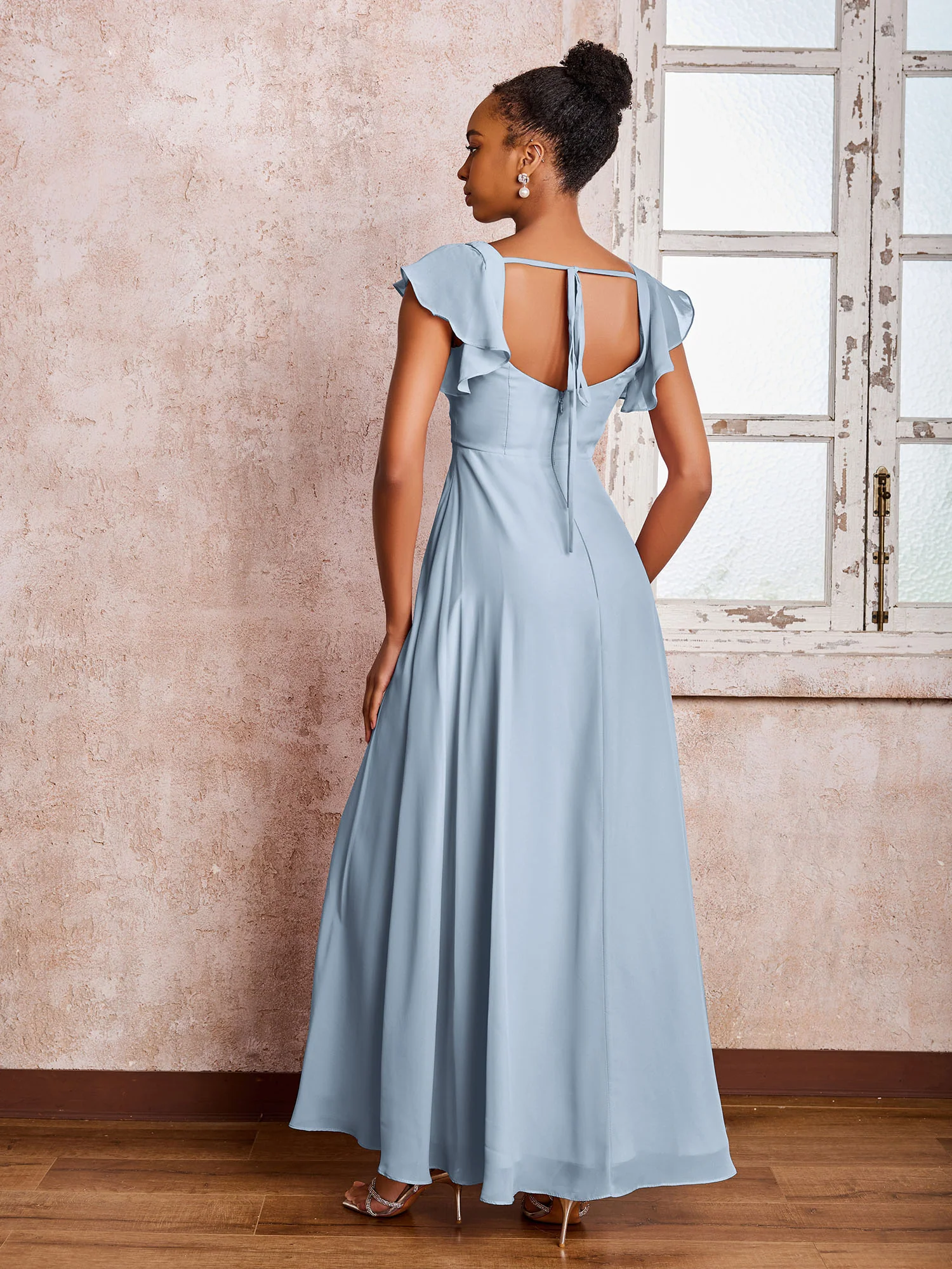 Flutter Sleeves Square Neck Backless Chiffon Dresses with Slit Dusty Blue - Image 2
