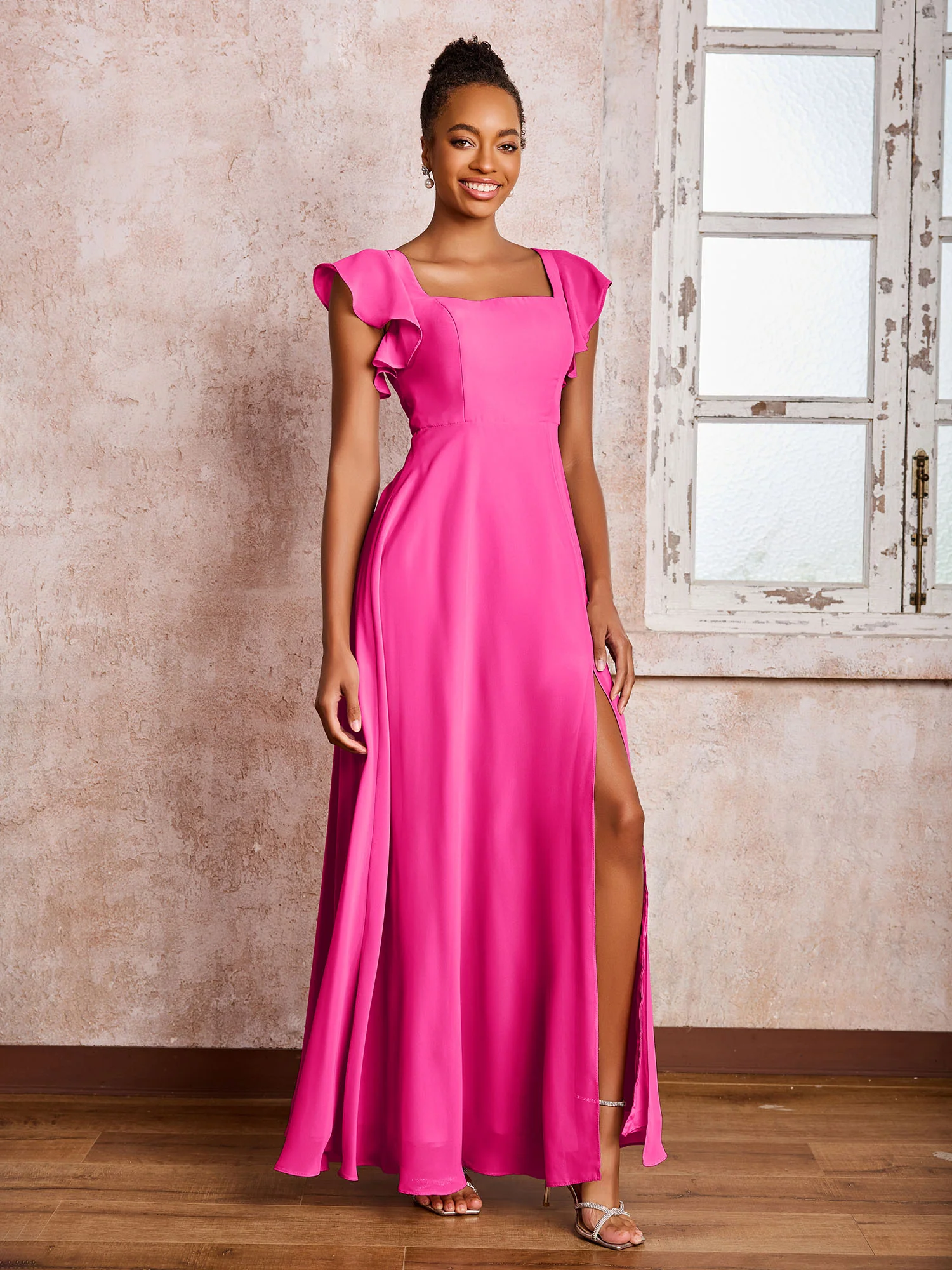 Flutter Sleeves Square Neck Backless Chiffon Dresses with Slit Fuchsia