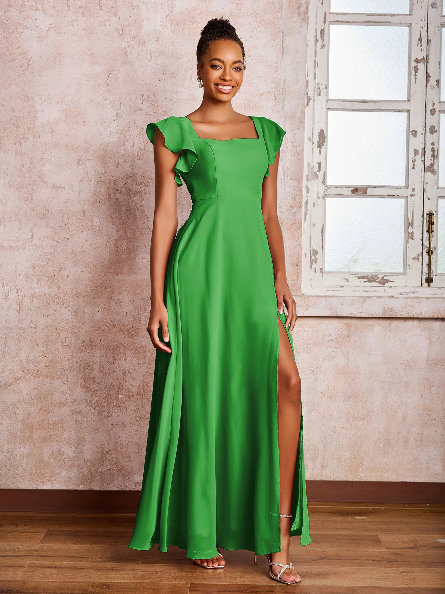Flutter Sleeves Square Neck Backless Chiffon Dresses with Slit Green