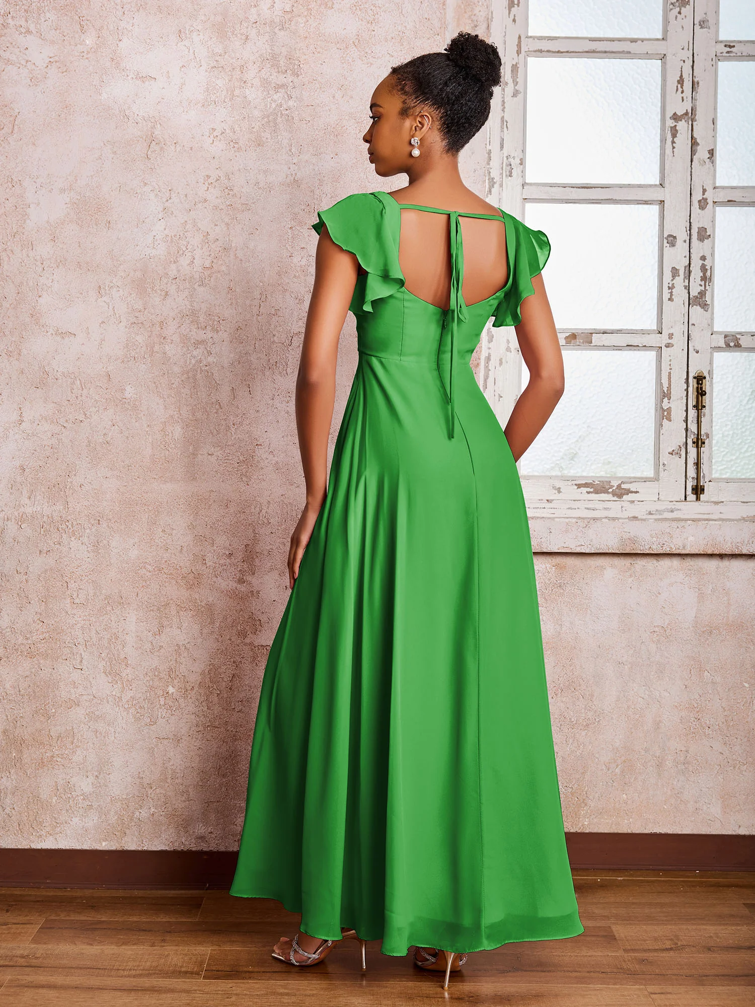 Flutter Sleeves Square Neck Backless Chiffon Dresses with Slit Green - Image 2