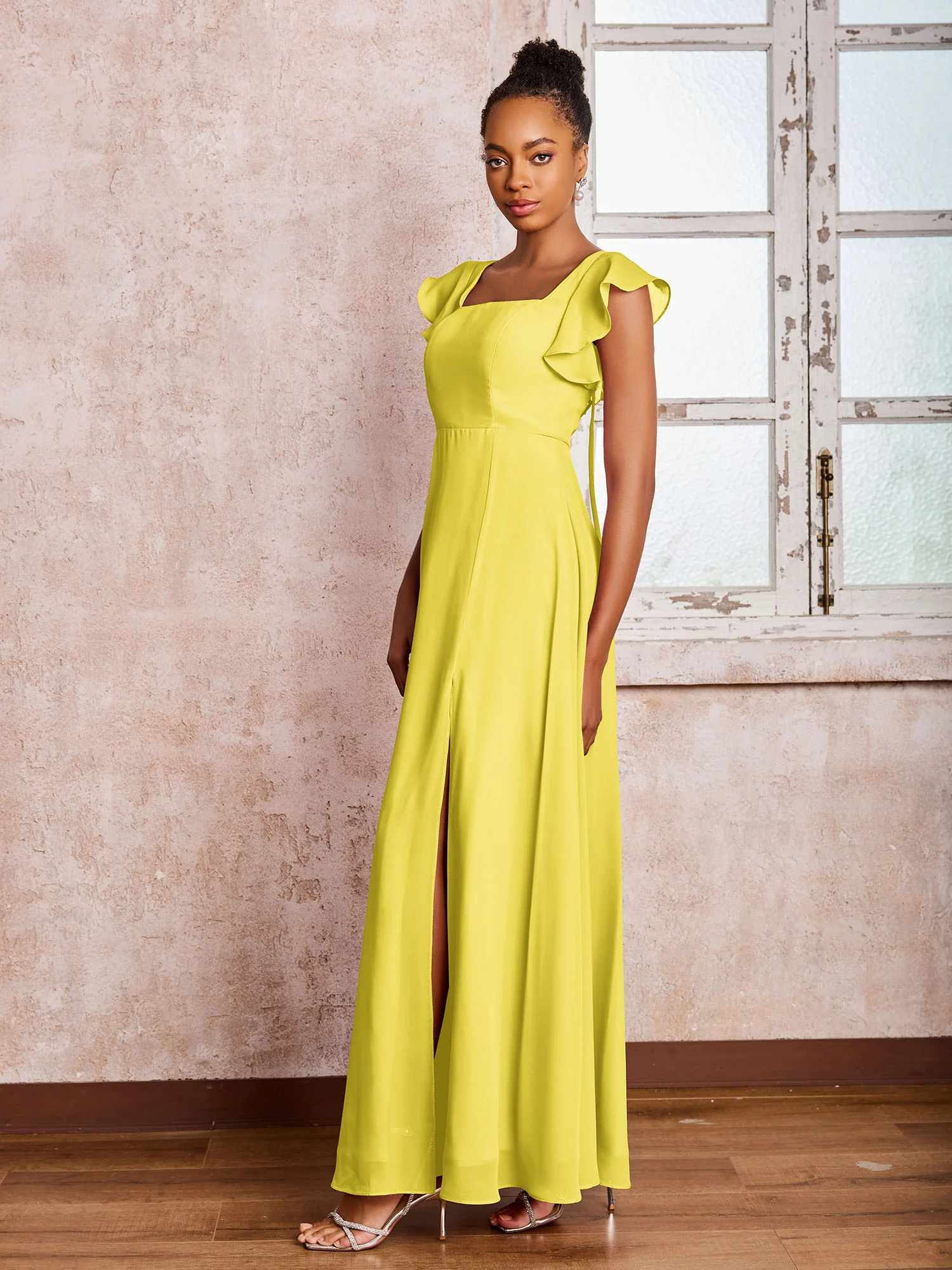 Flutter Sleeves Square Neck Backless Chiffon Dresses with Slit Lemon - Image 3