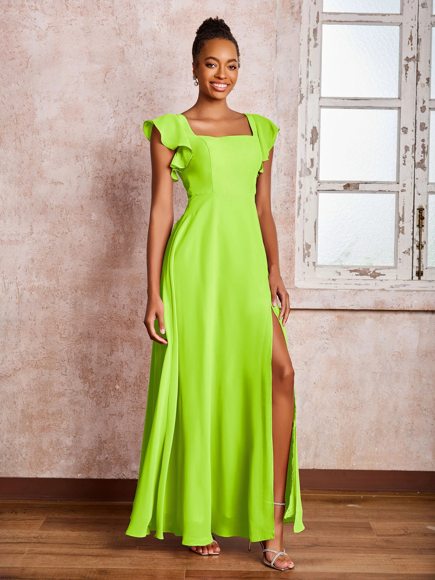 Flutter Sleeves Square Neck Backless Chiffon Dresses with Slit Lime Green