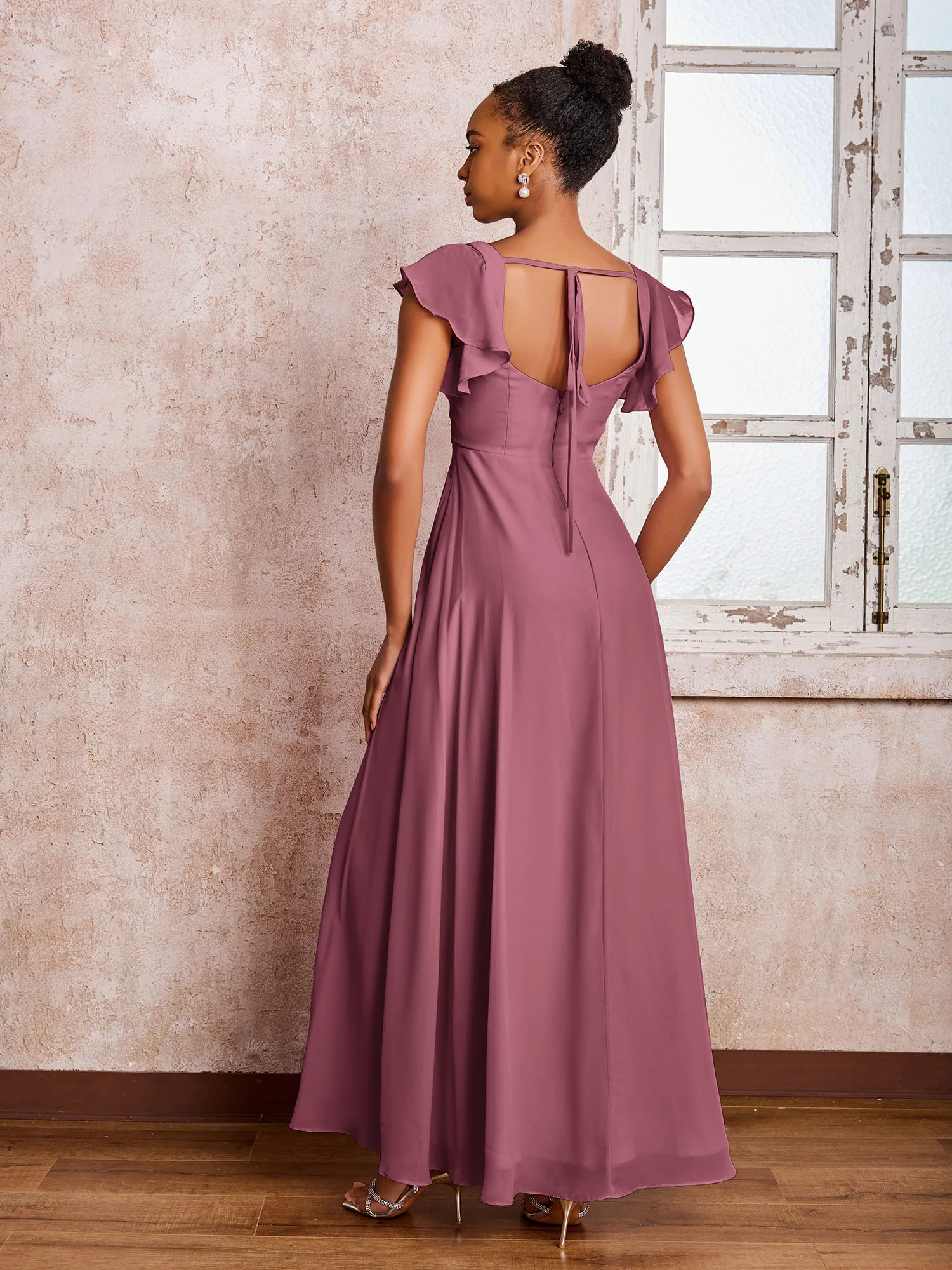 Flutter Sleeves Square Neck Backless Chiffon Dresses with Slit Mulberry - Image 2