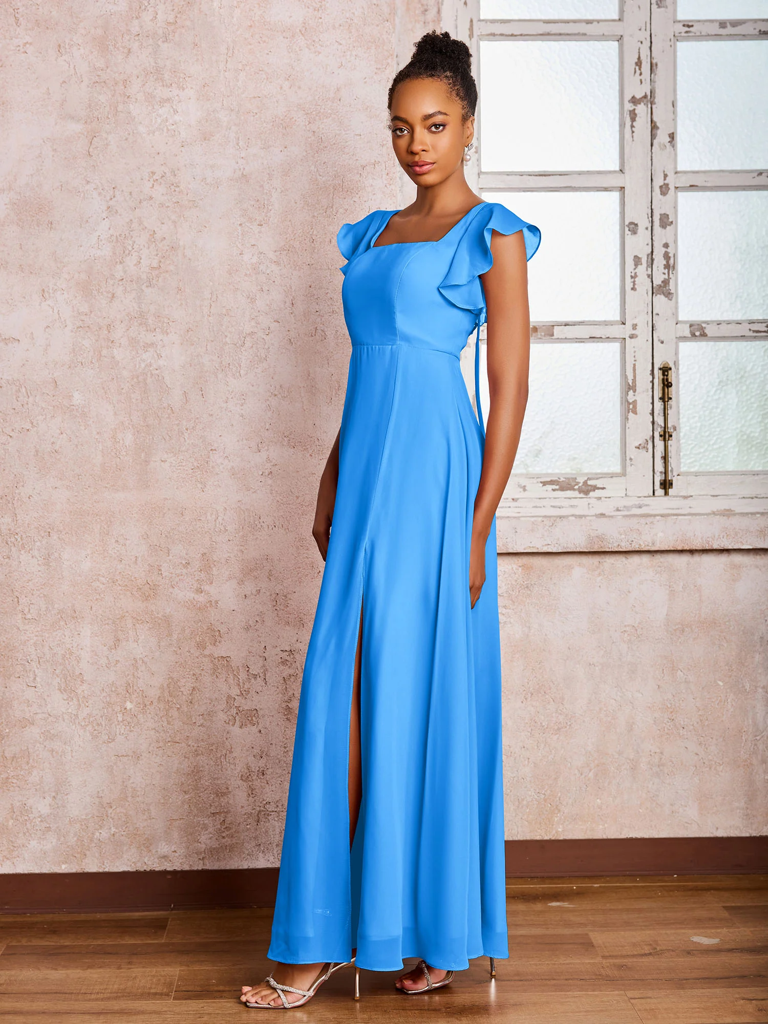 Flutter Sleeves Square Neck Backless Chiffon Dresses with Slit Ocean Blue - Image 3