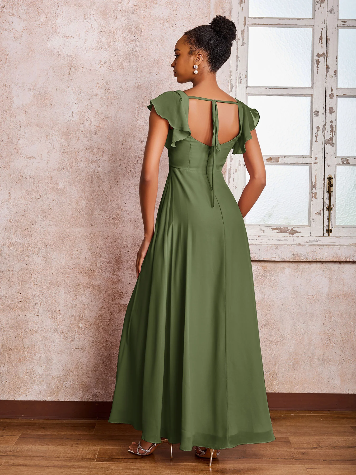 Flutter Sleeves Square Neck Backless Chiffon Dresses with Slit Olive Green - Image 2