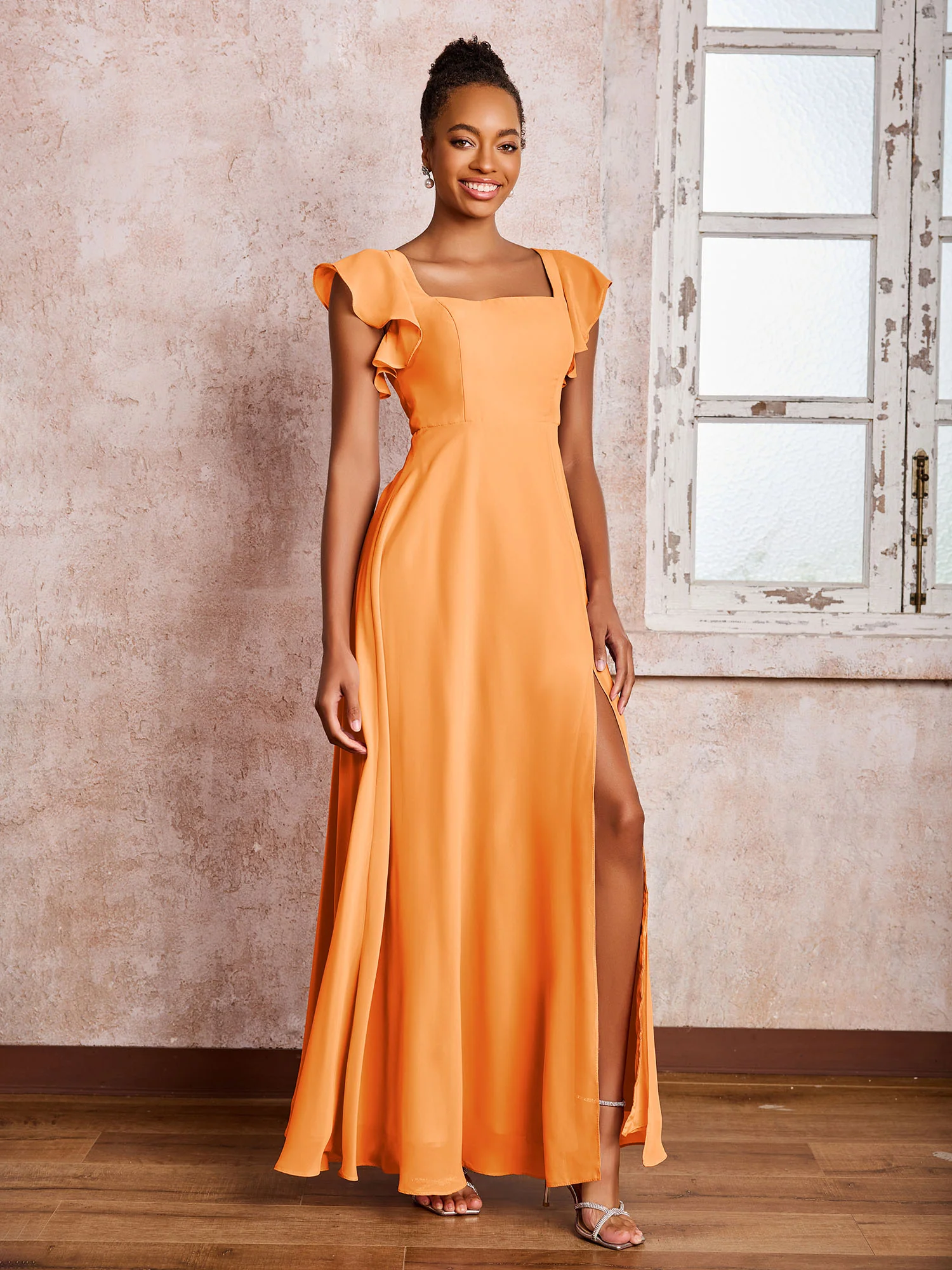 Flutter Sleeves Square Neck Backless Chiffon Dresses with Slit Orange