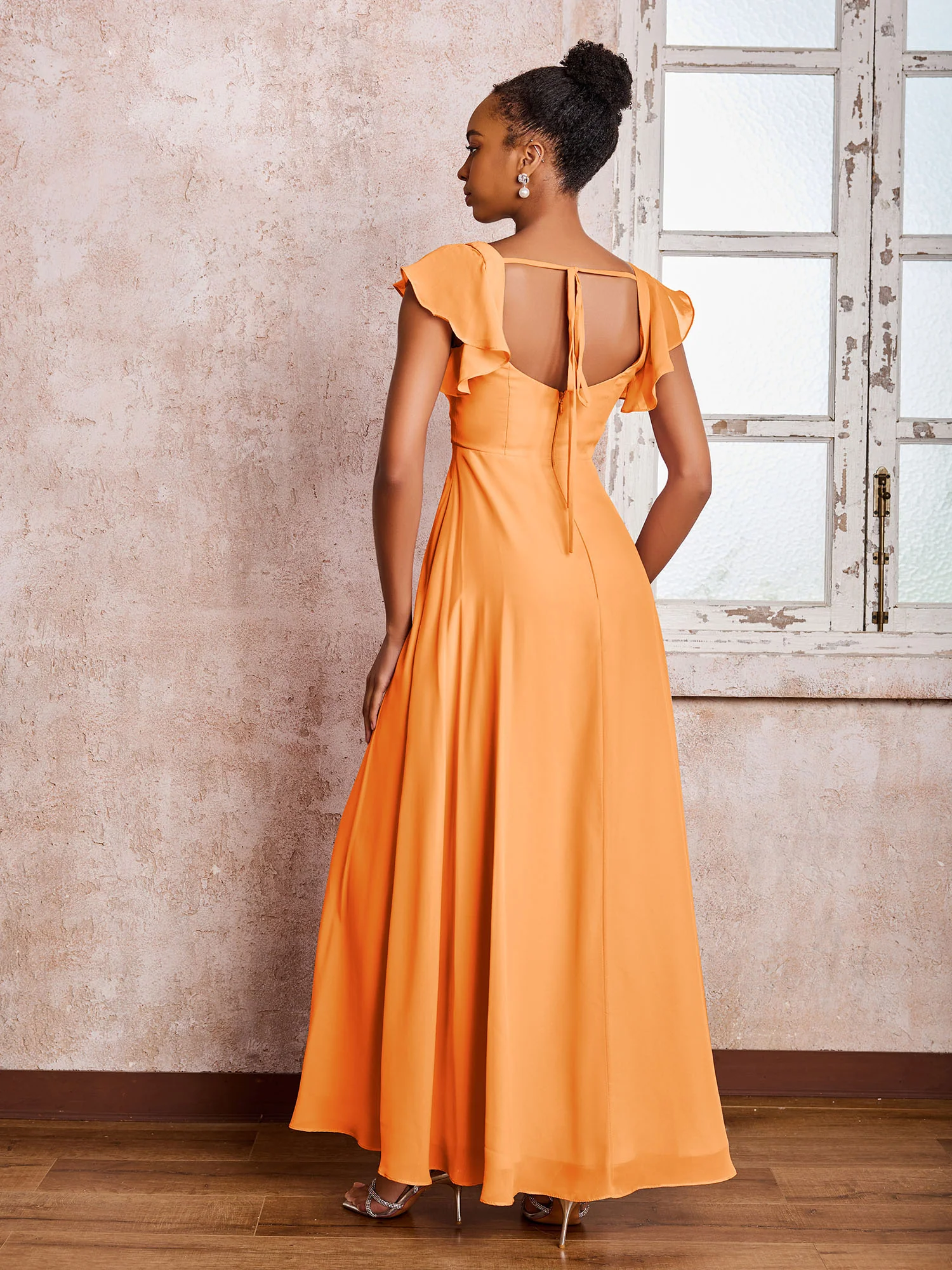 Flutter Sleeves Square Neck Backless Chiffon Dresses with Slit Orange - Image 2