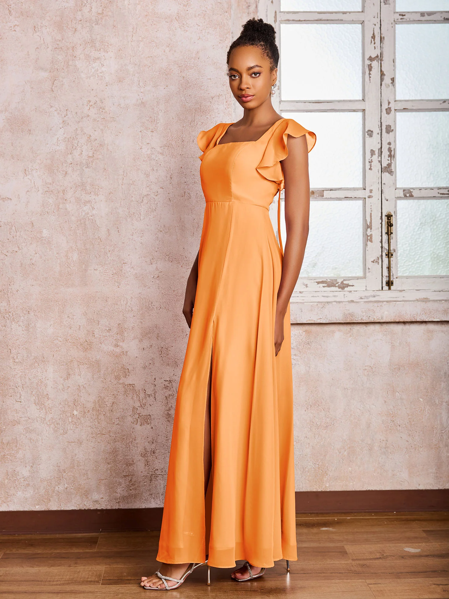 Flutter Sleeves Square Neck Backless Chiffon Dresses with Slit Orange - Image 3