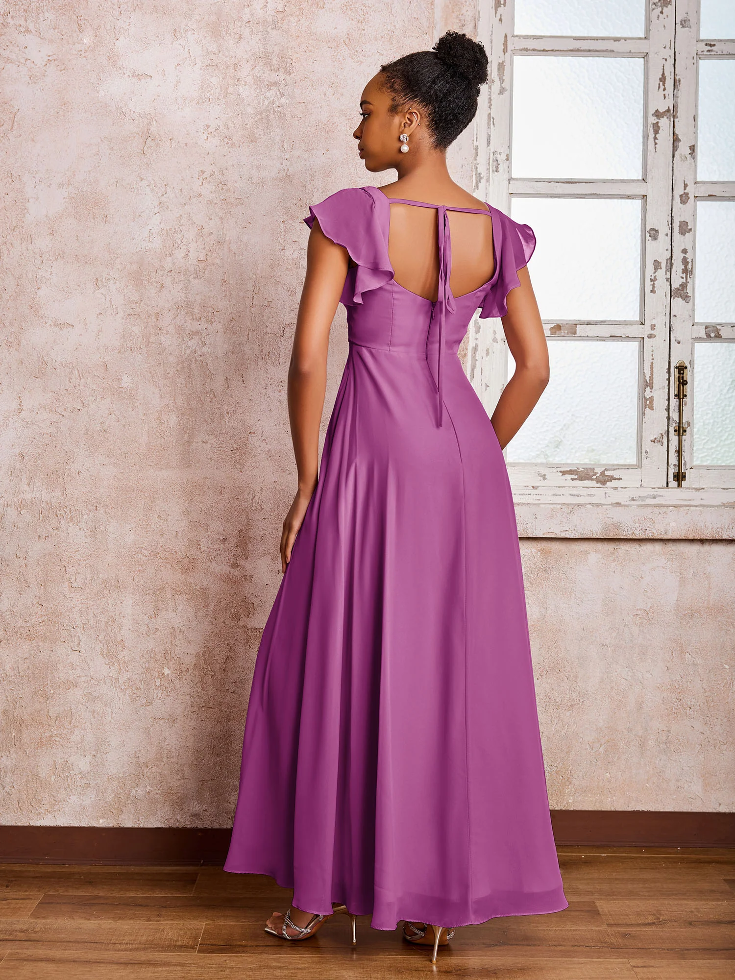 Flutter Sleeves Square Neck Backless Chiffon Dresses with Slit Orchid - Image 2