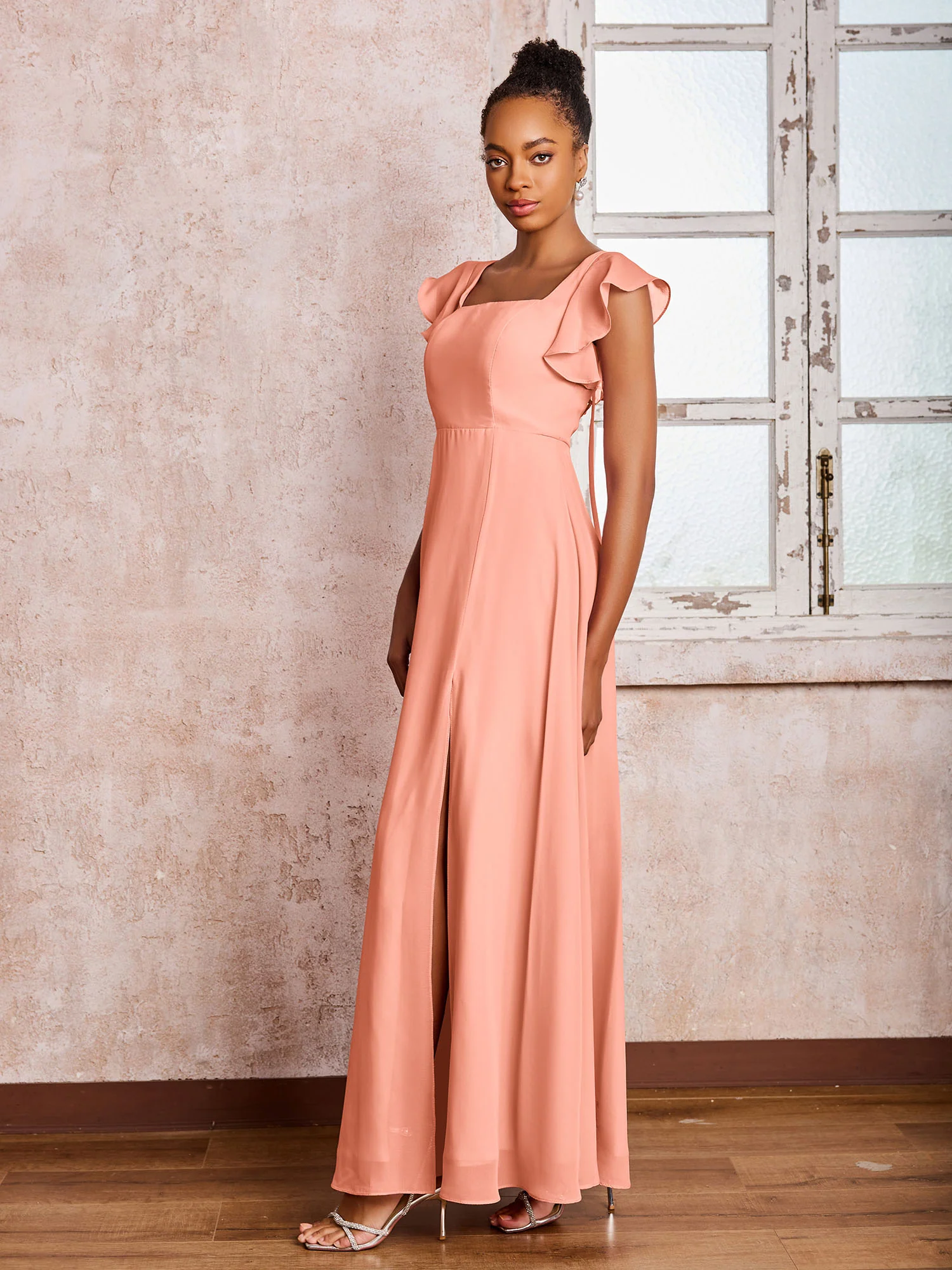 Flutter Sleeves Square Neck Backless Chiffon Dresses with Slit Papaya - Image 3
