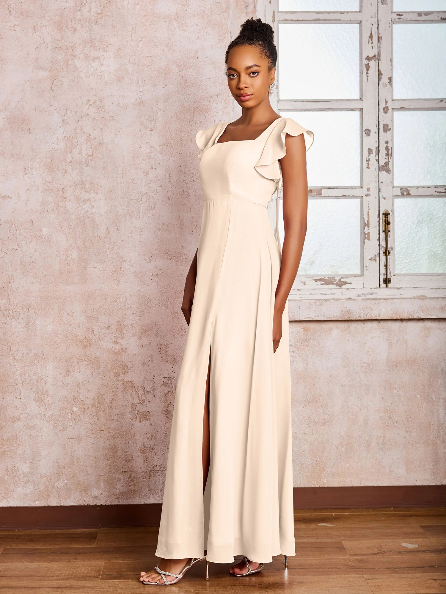 Flutter Sleeves Square Neck Backless Chiffon Dresses with Slit Peach - Image 3
