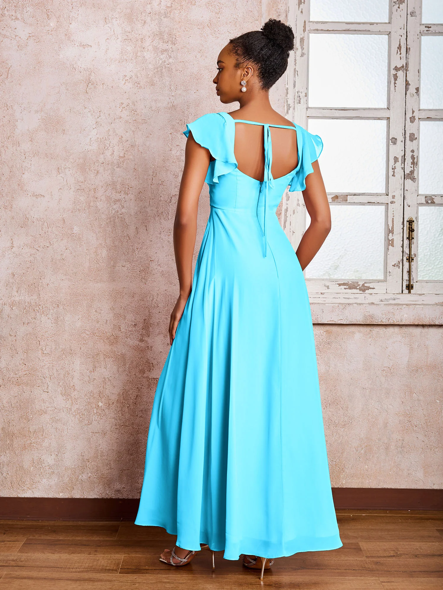 Flutter Sleeves Square Neck Backless Chiffon Dresses with Slit Pool - Image 2