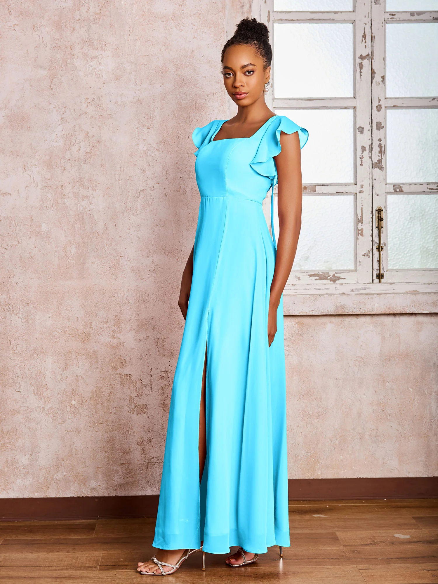 Flutter Sleeves Square Neck Backless Chiffon Dresses with Slit Pool - Image 3
