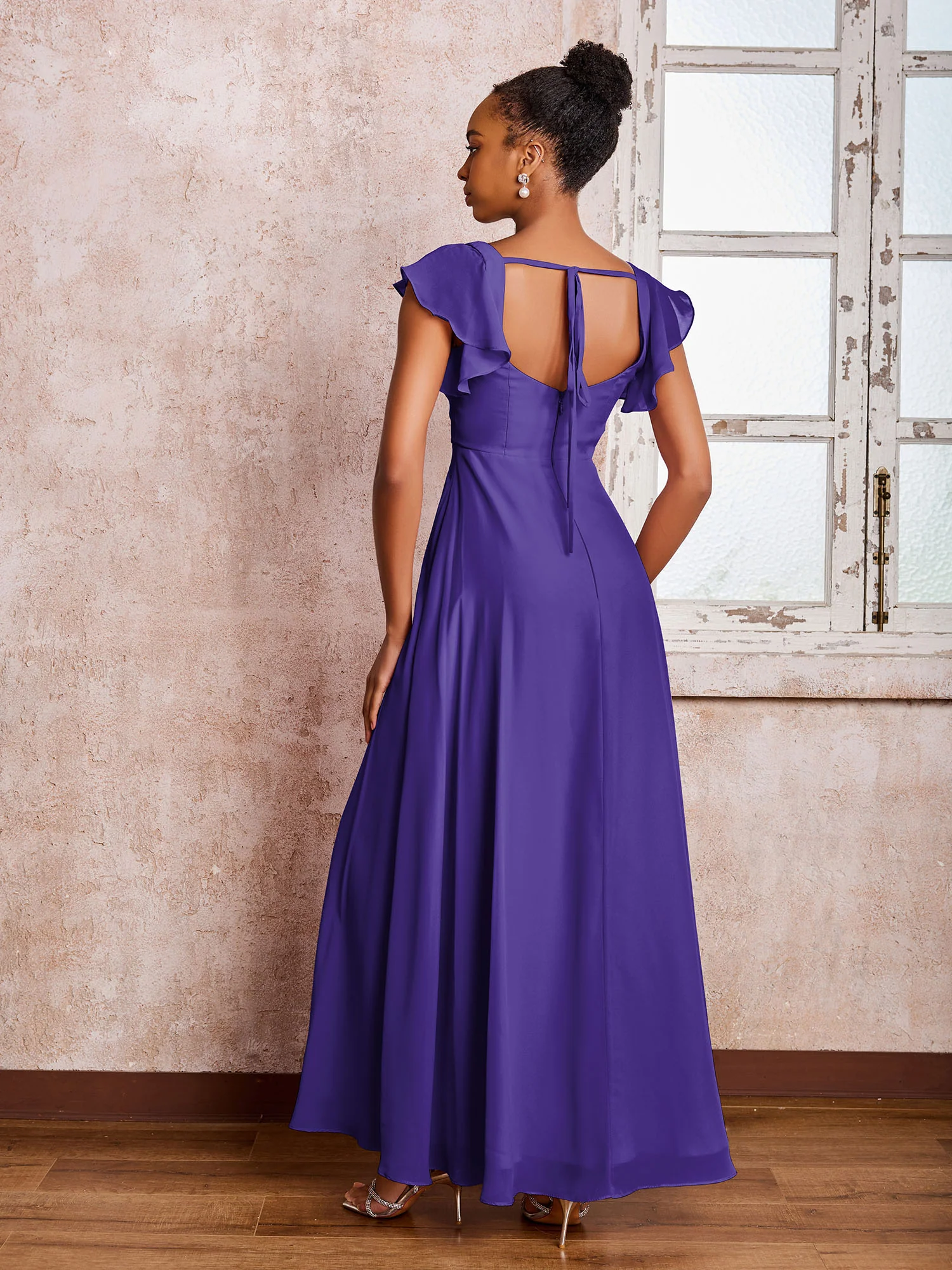 Flutter Sleeves Square Neck Backless Chiffon Dresses with Slit Regency - Image 2