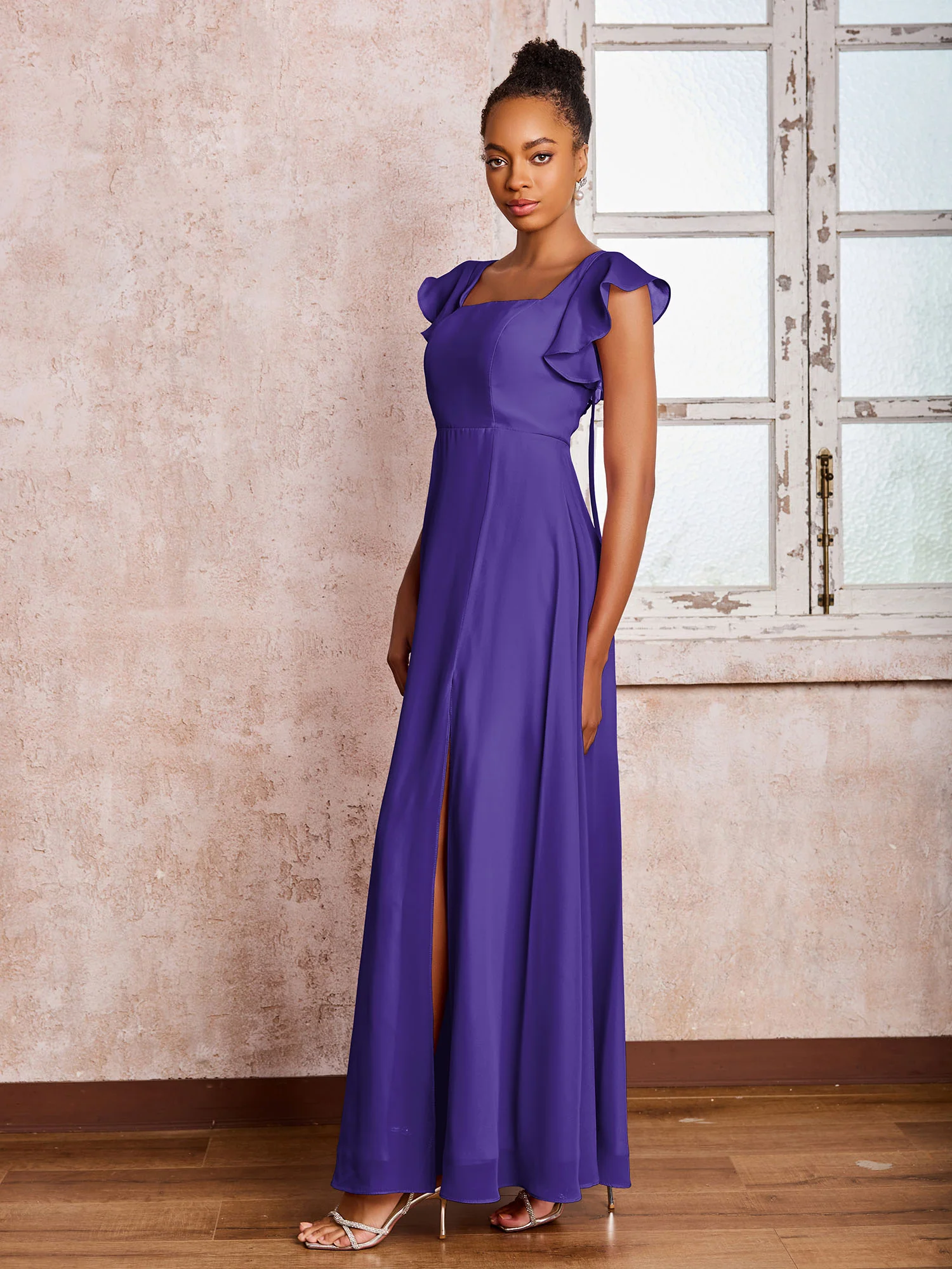 Flutter Sleeves Square Neck Backless Chiffon Dresses with Slit Regency - Image 3