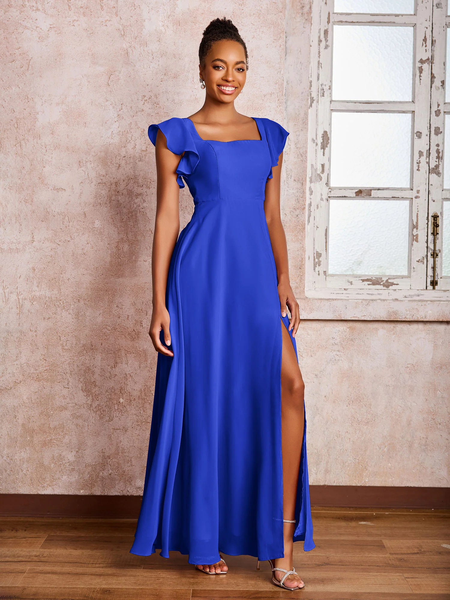 Flutter Sleeves Square Neck Backless Chiffon Dresses with Slit Royal Blue
