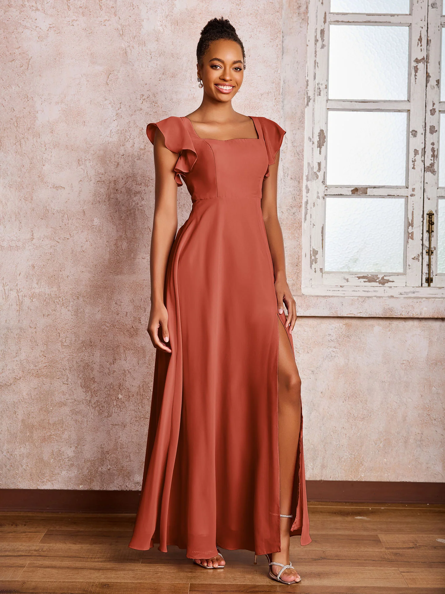 Flutter Sleeves Square Neck Backless Chiffon Dresses with Slit Rust