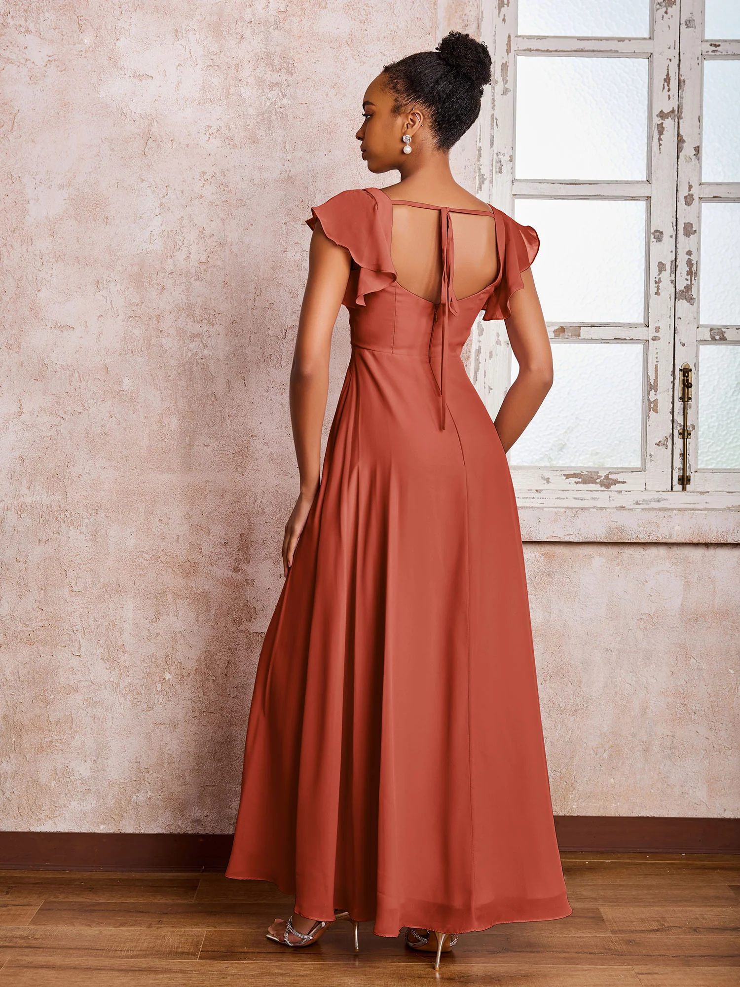 Flutter Sleeves Square Neck Backless Chiffon Dresses with Slit Rust - Image 2