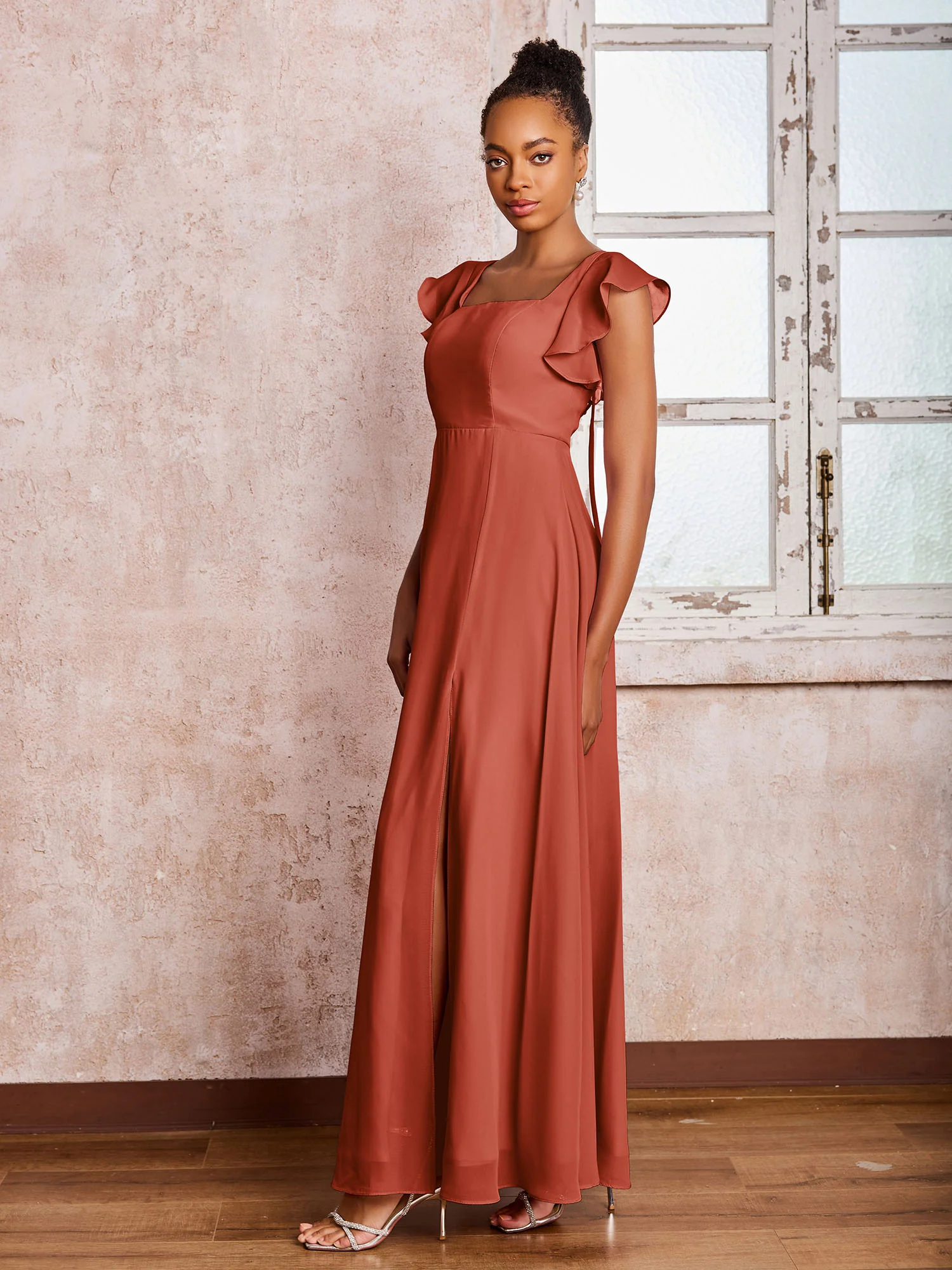 Flutter Sleeves Square Neck Backless Chiffon Dresses with Slit Rust - Image 3