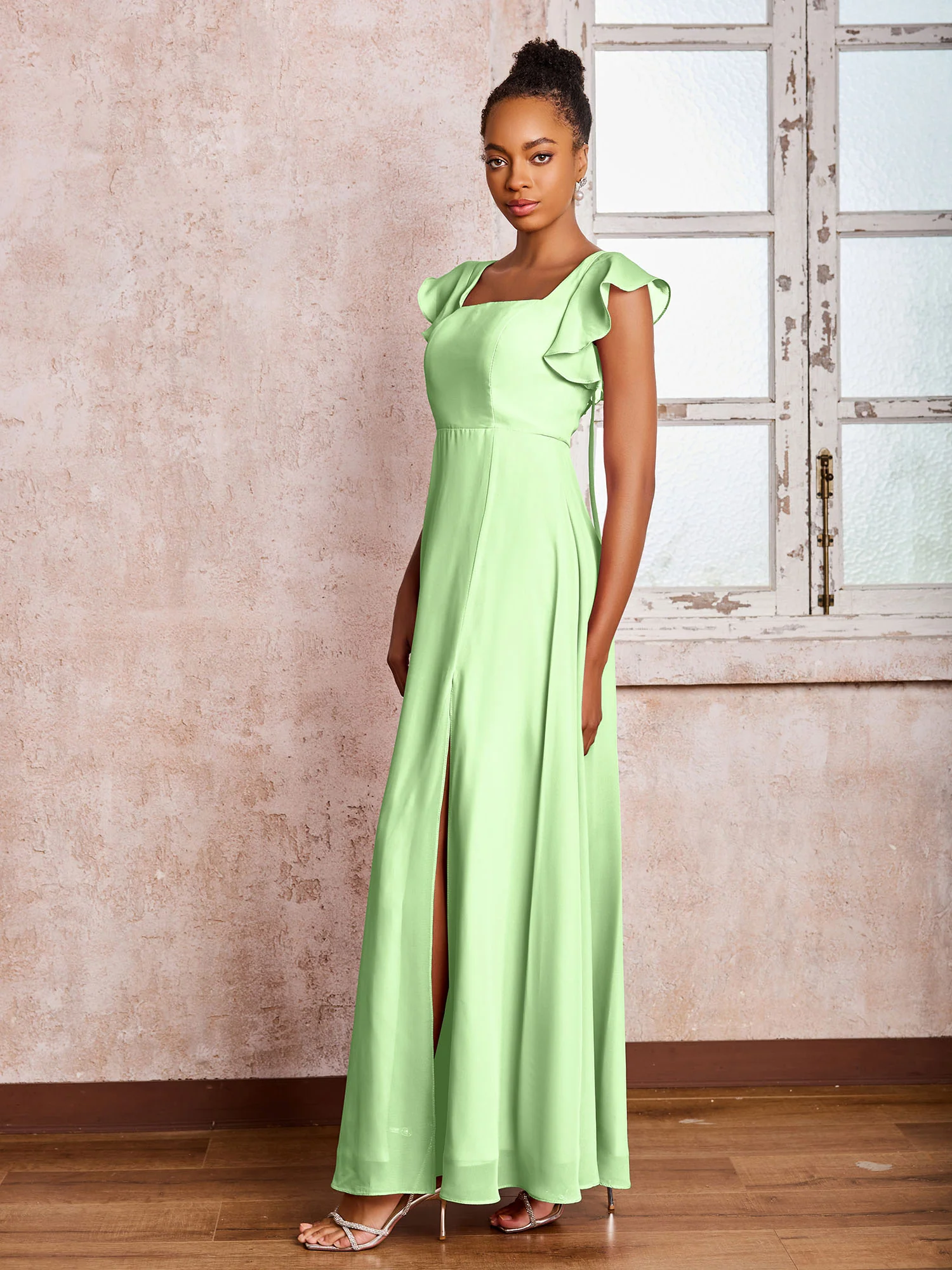 Flutter Sleeves Square Neck Backless Chiffon Dresses with Slit Sage - Image 3