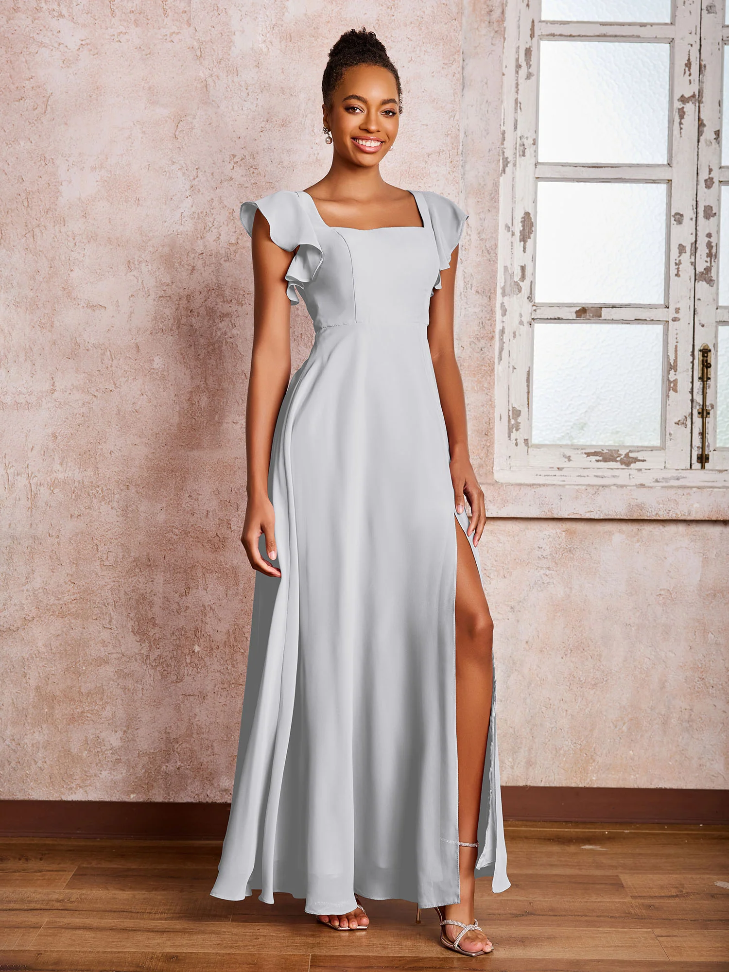 Flutter Sleeves Square Neck Backless Chiffon Dresses with Slit Silver