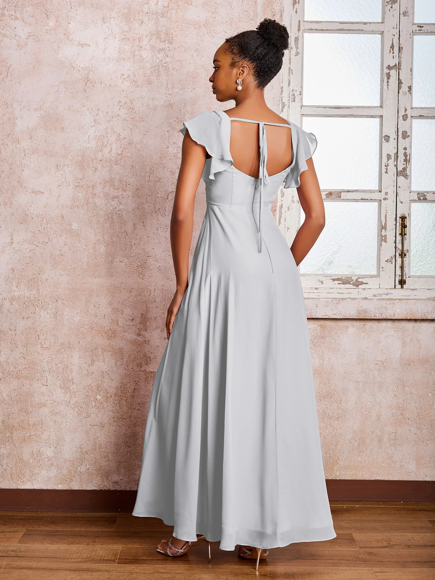 Flutter Sleeves Square Neck Backless Chiffon Dresses with Slit Silver - Image 2