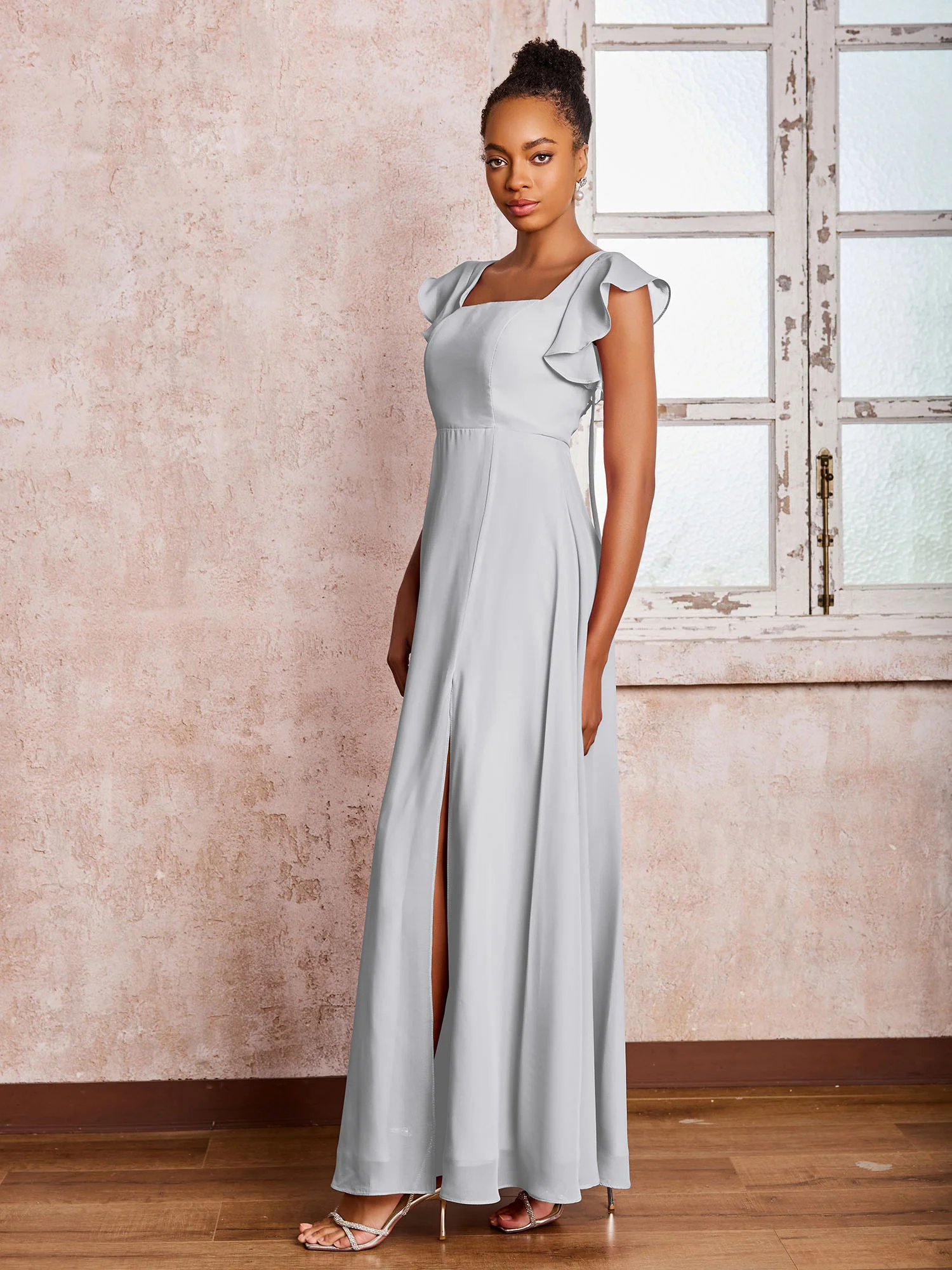 Flutter Sleeves Square Neck Backless Chiffon Dresses with Slit Silver - Image 3