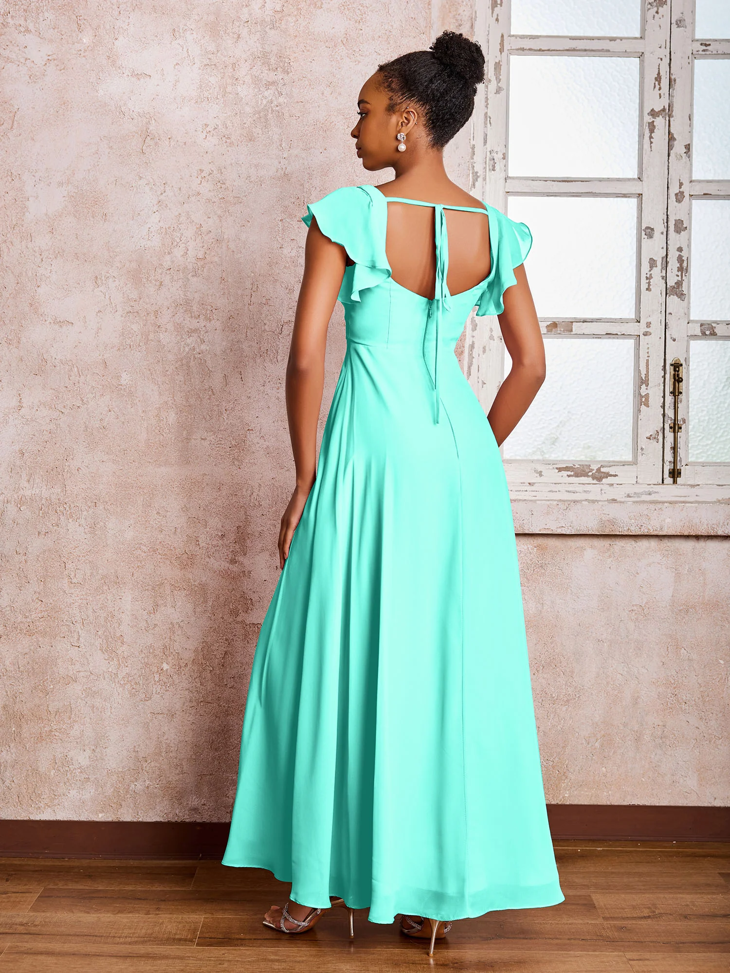 Flutter Sleeves Square Neck Backless Chiffon Dresses with Slit Spa - Image 2
