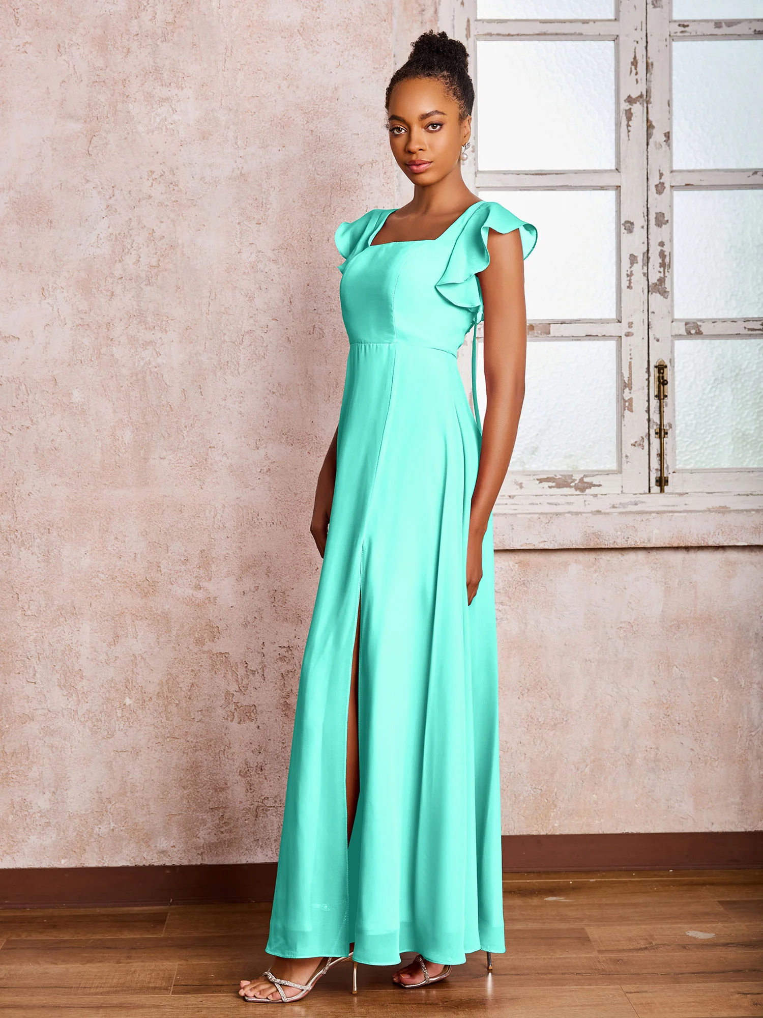 Flutter Sleeves Square Neck Backless Chiffon Dresses with Slit Spa - Image 3