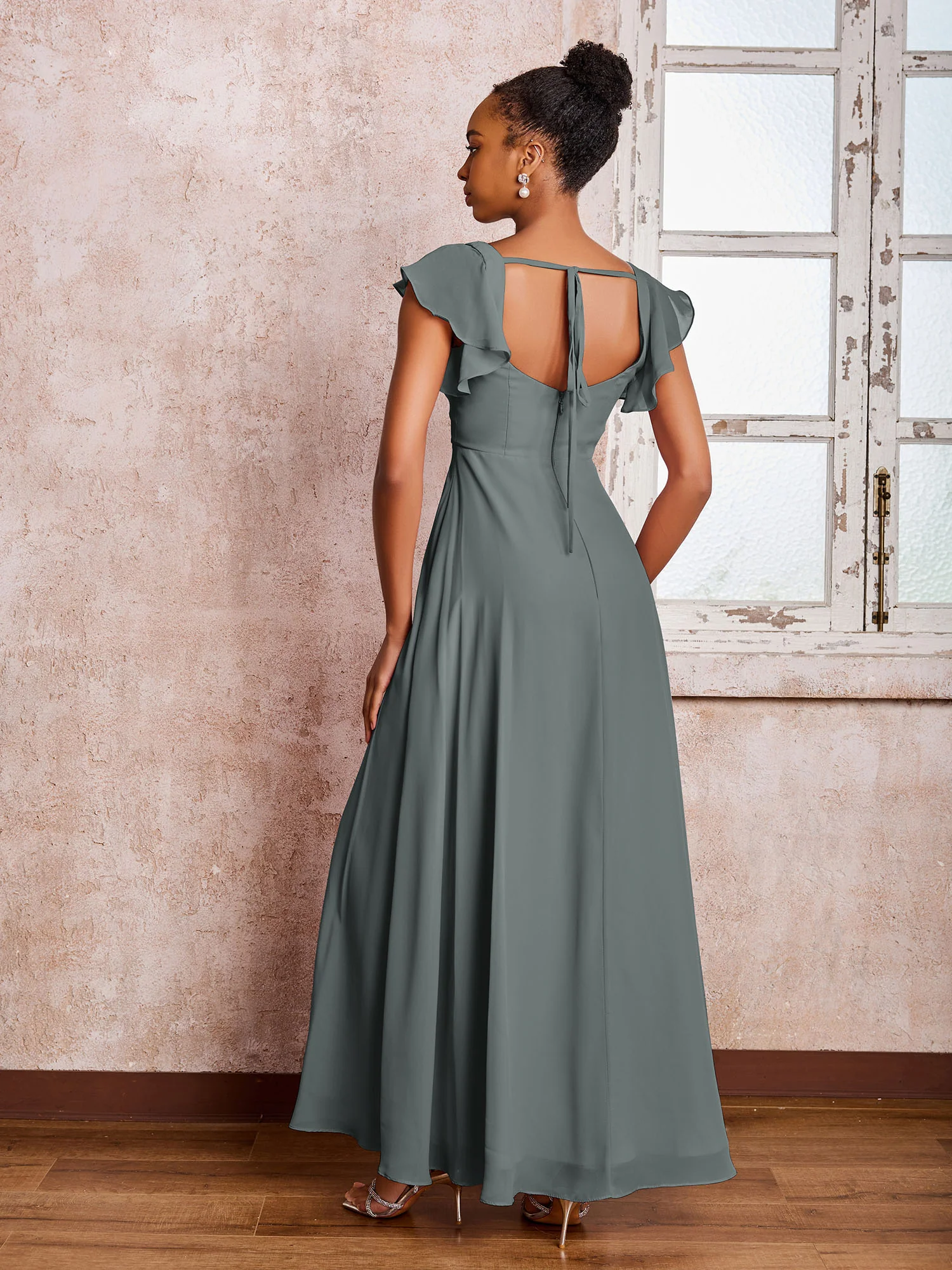 Flutter Sleeves Square Neck Backless Chiffon Dresses with Slit Steel Grey - Image 2
