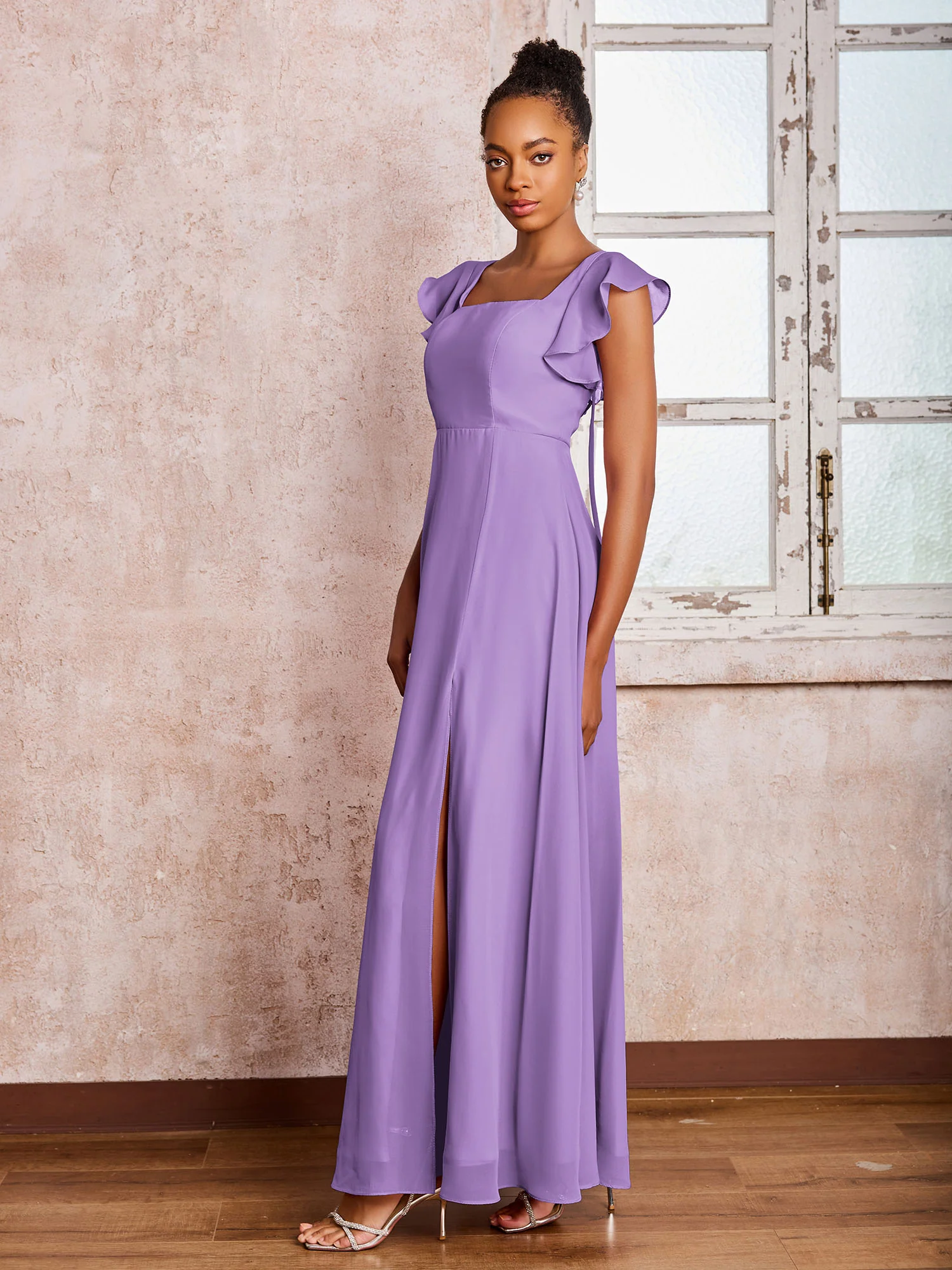 Flutter Sleeves Square Neck Backless Chiffon Dresses with Slit Tahiti - Image 3