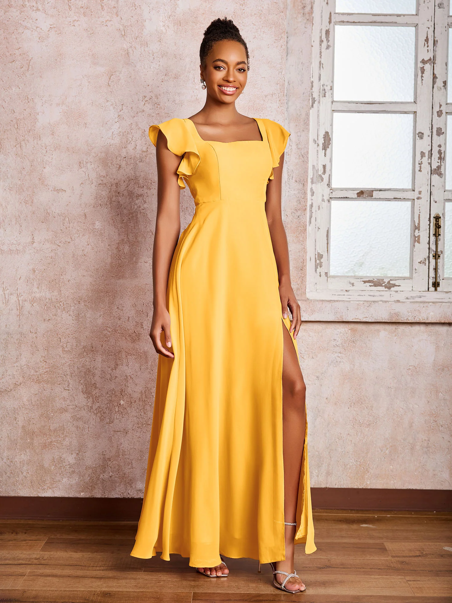 Flutter Sleeves Square Neck Backless Chiffon Dresses with Slit Tangerine