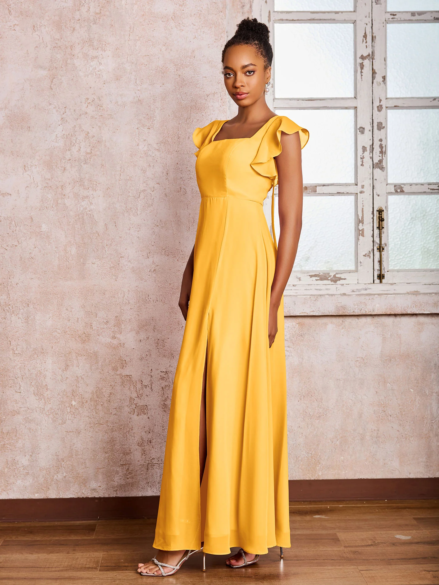 Flutter Sleeves Square Neck Backless Chiffon Dresses with Slit Tangerine - Image 3