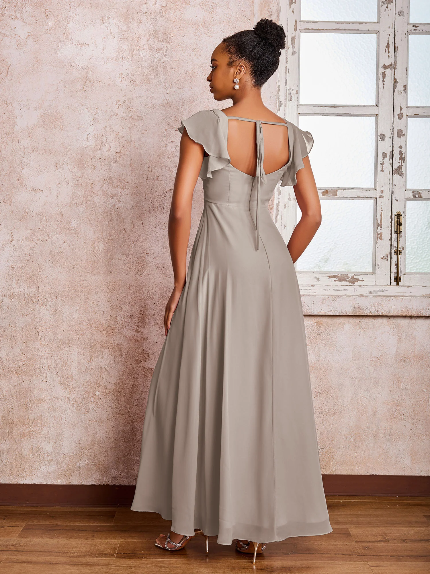 Flutter Sleeves Square Neck Backless Chiffon Dresses with Slit Taupe - Image 2