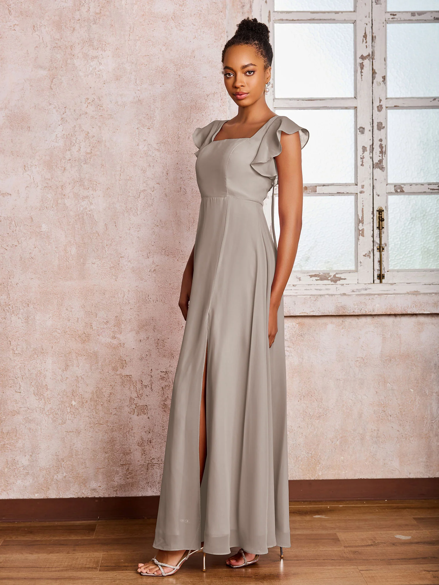 Flutter Sleeves Square Neck Backless Chiffon Dresses with Slit Taupe - Image 3