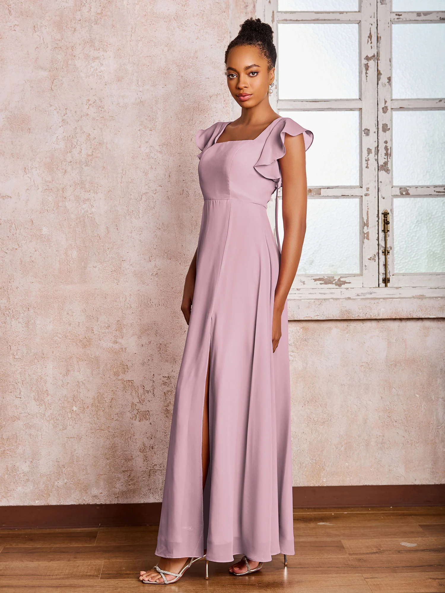 Flutter Sleeves Square Neck Backless Chiffon Dresses with Slit Vintage Mauve - Image 3