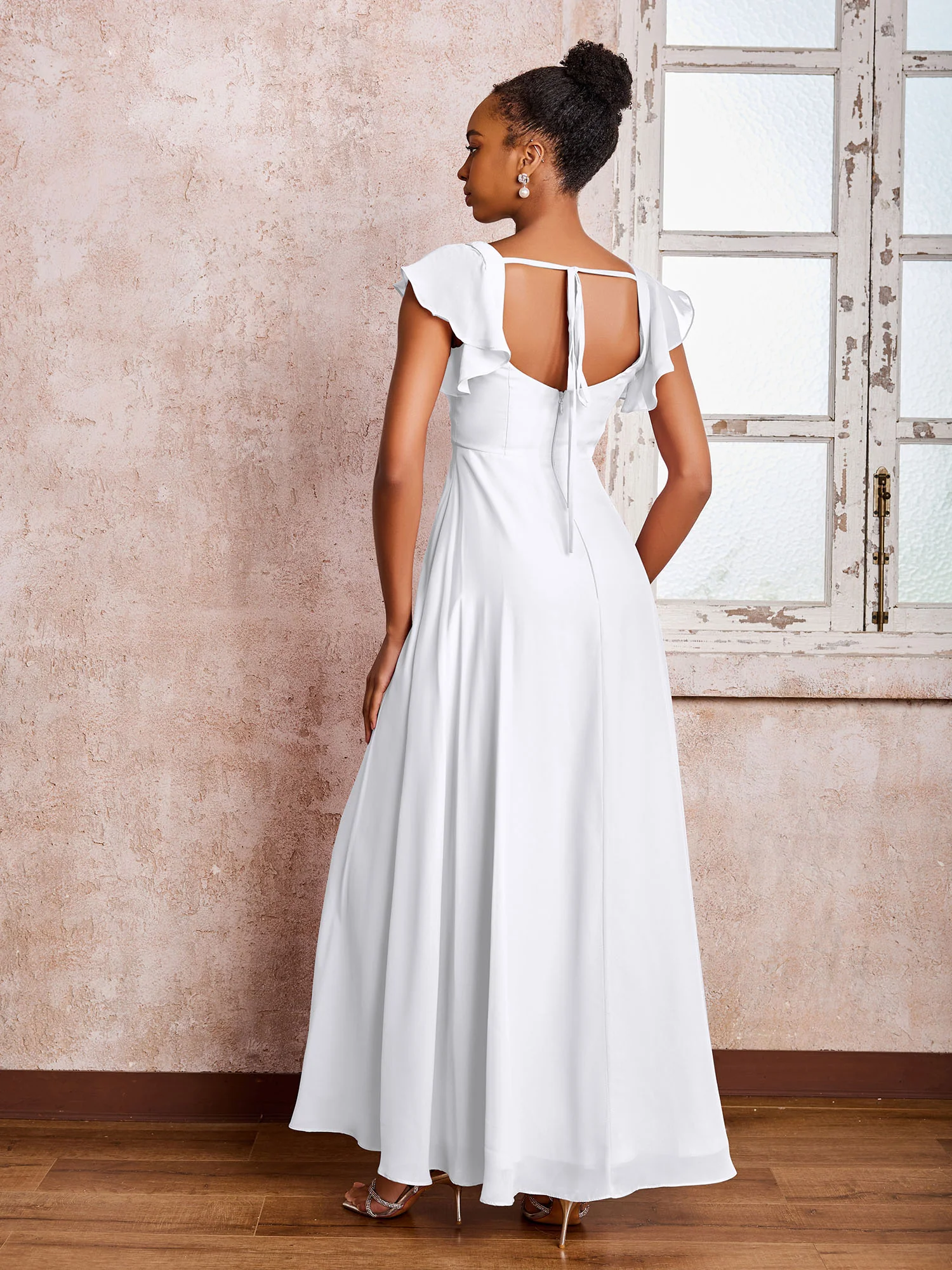 Flutter Sleeves Square Neck Backless Chiffon Dresses with Slit White - Image 2