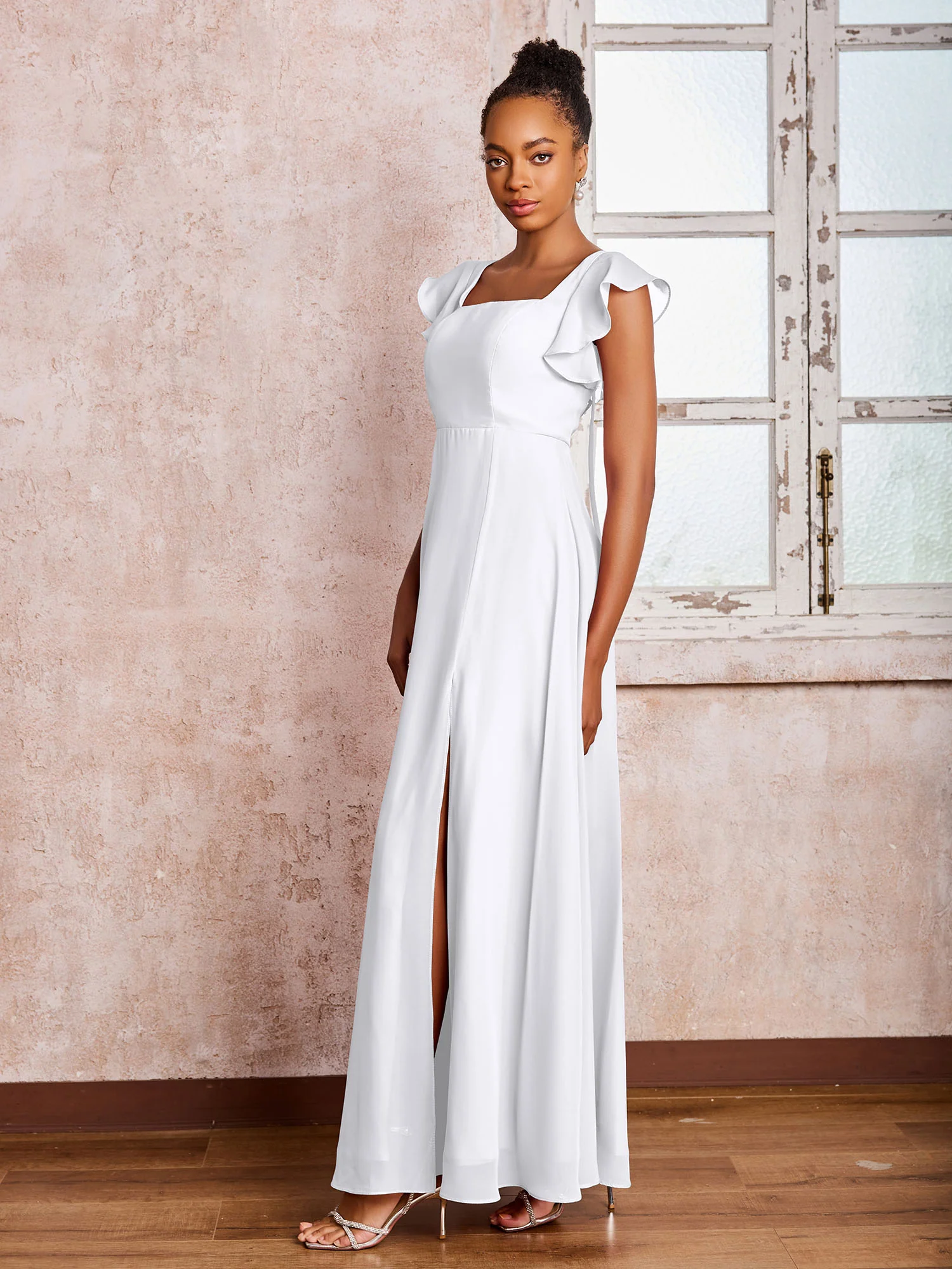Flutter Sleeves Square Neck Backless Chiffon Dresses with Slit White - Image 3