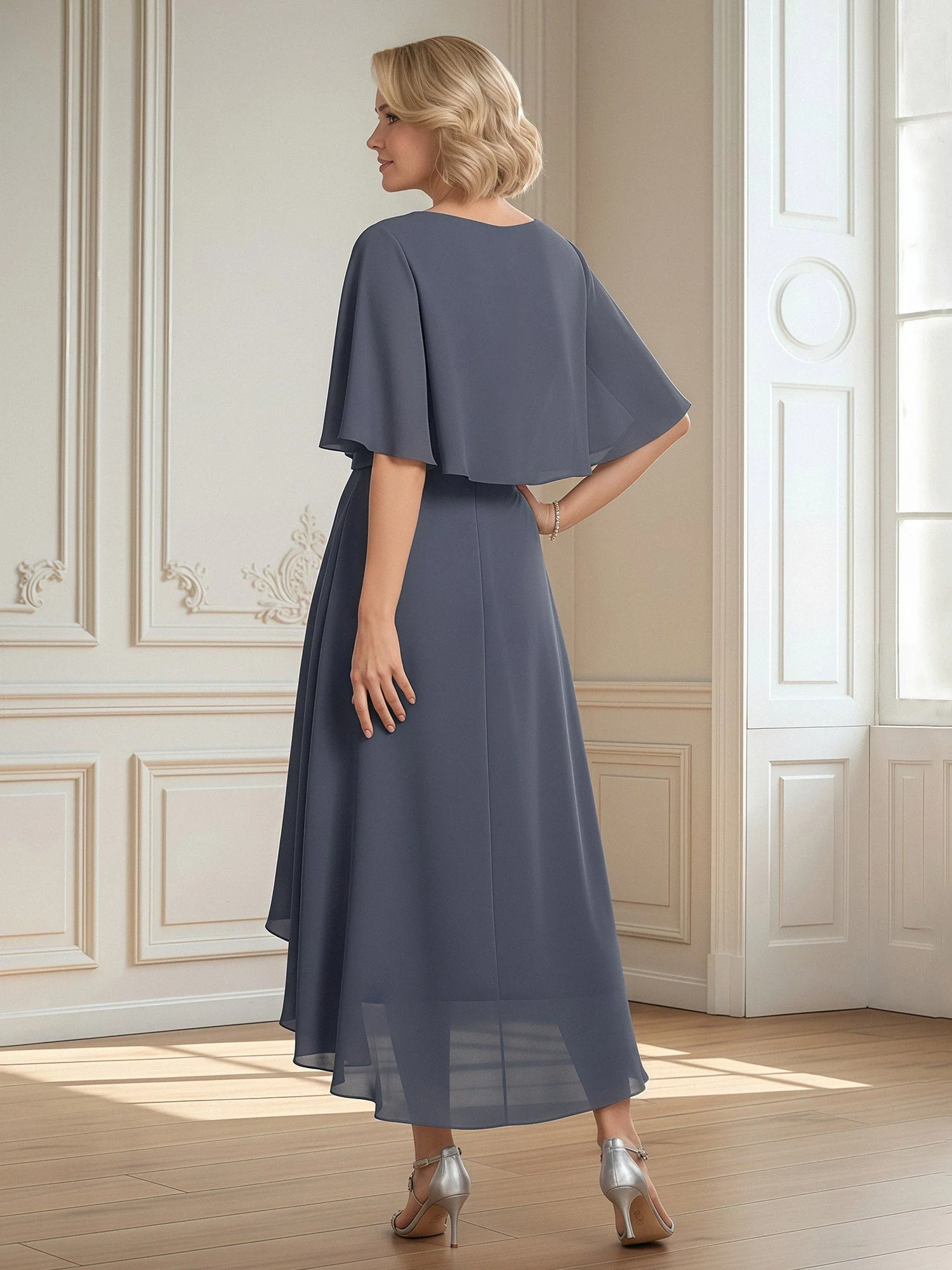 Flutter Sleeves V-neck Asymmetrical Chiffon Dress Lavender - Image 2