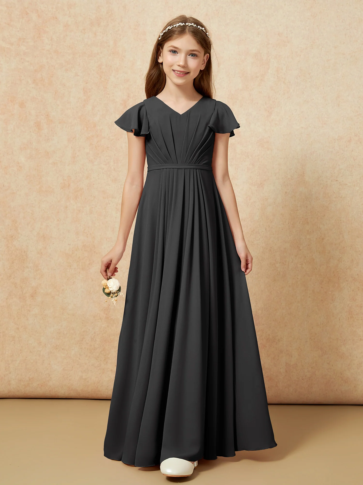 Flutter Sleeves V-neck Chiffon Junior Bridesmaid Dresses Black - Image 6