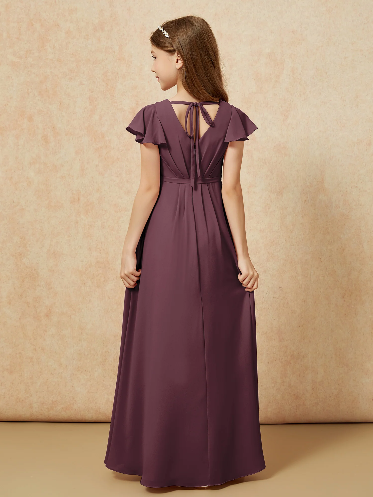 Flutter Sleeves V-neck Chiffon Junior Bridesmaid Dresses Cabernet - Image 2